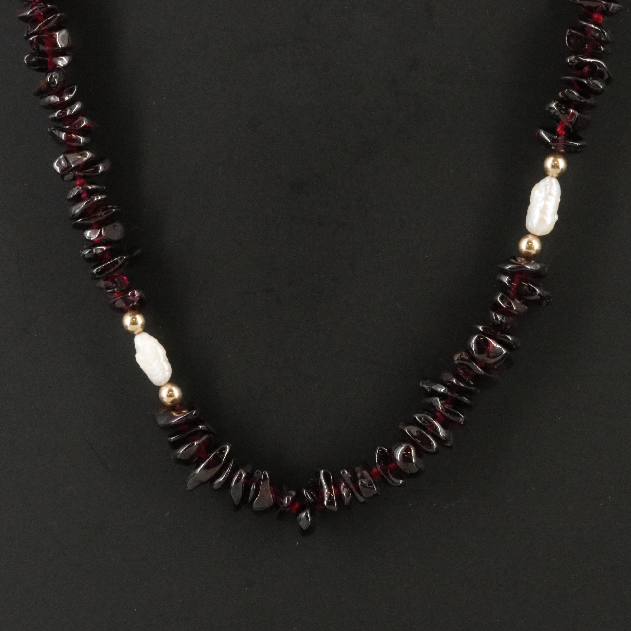 14K Garnet Bead Necklace with Pearl Stations