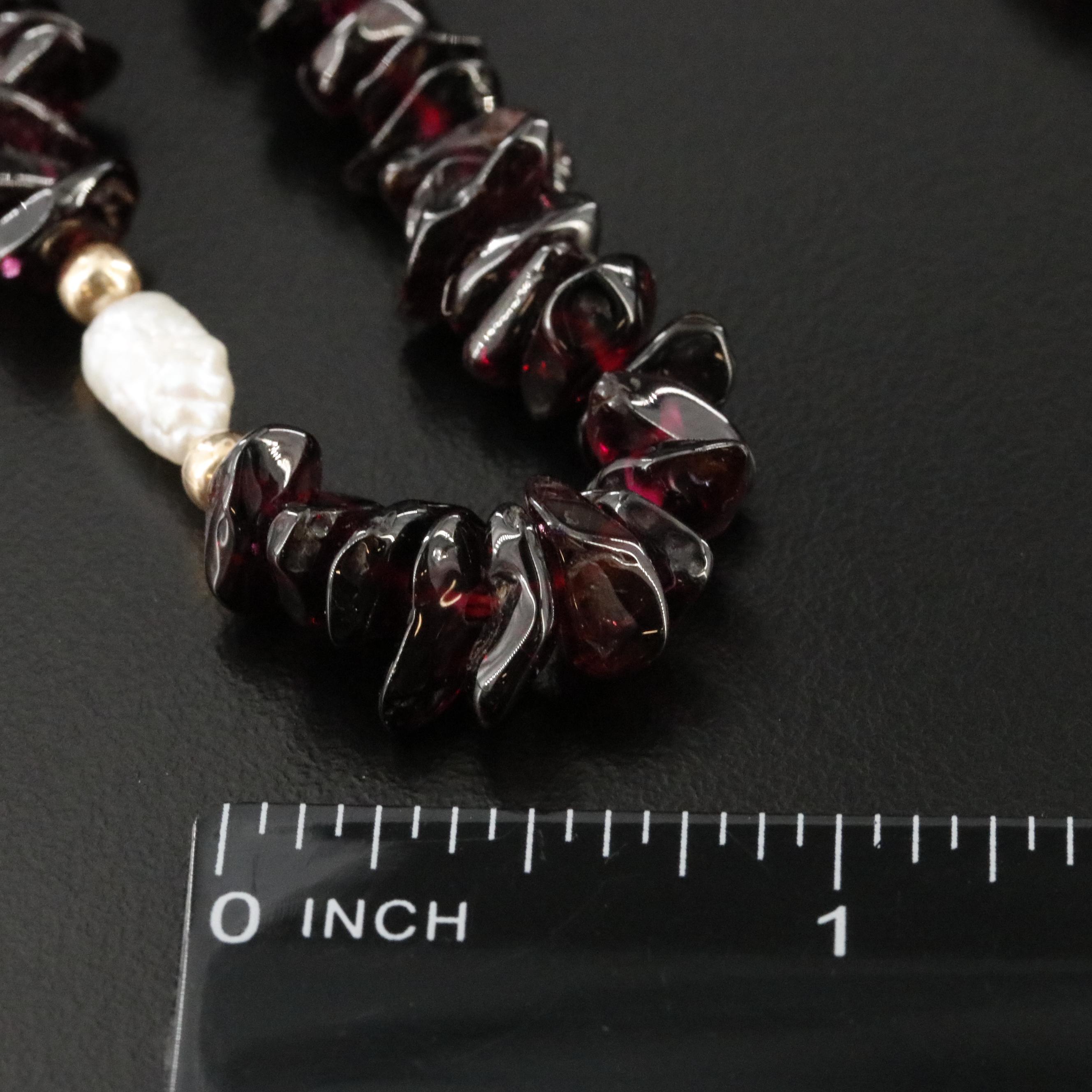 14K Garnet Bead Necklace with Pearl Stations