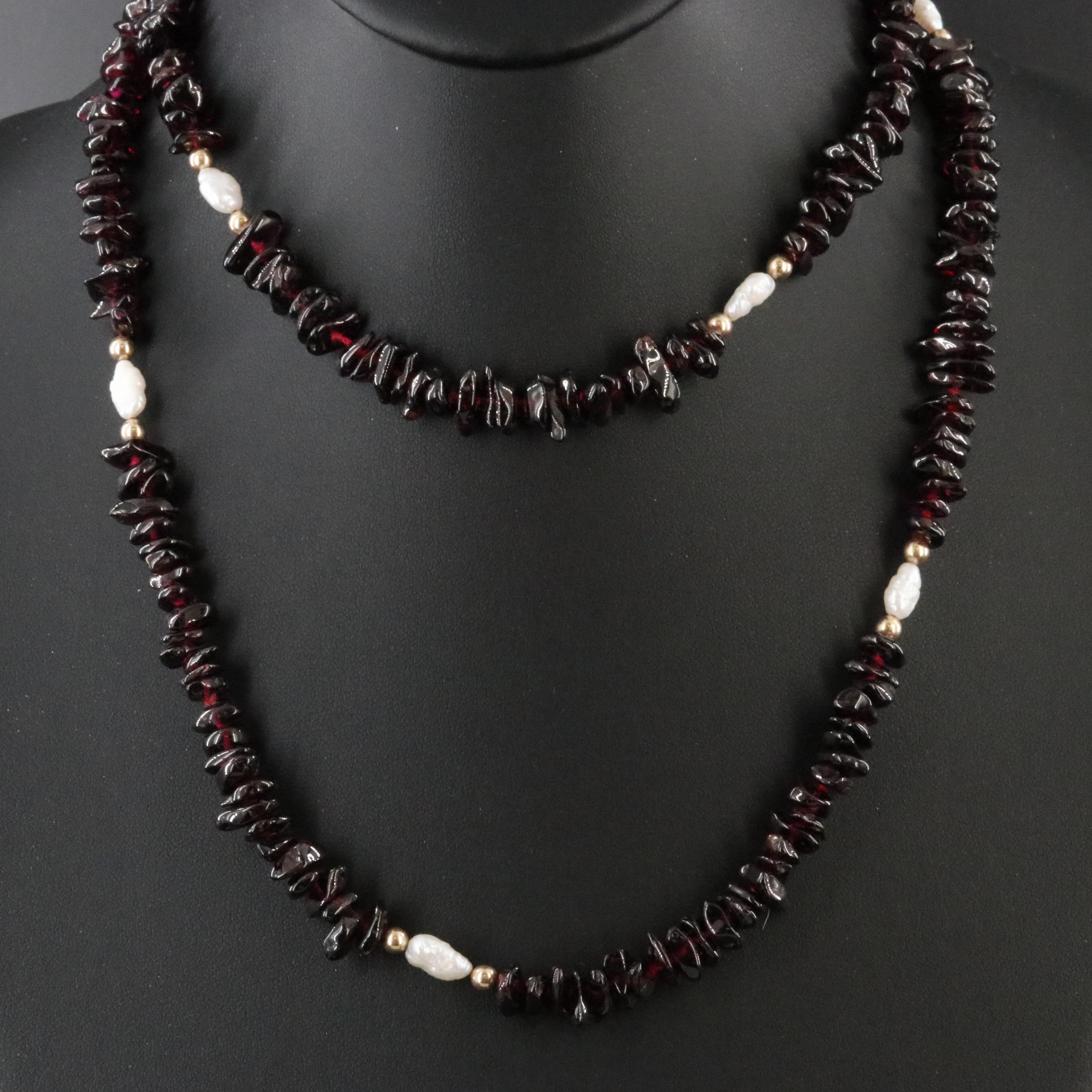 14K Garnet Bead Necklace with Pearl Stations