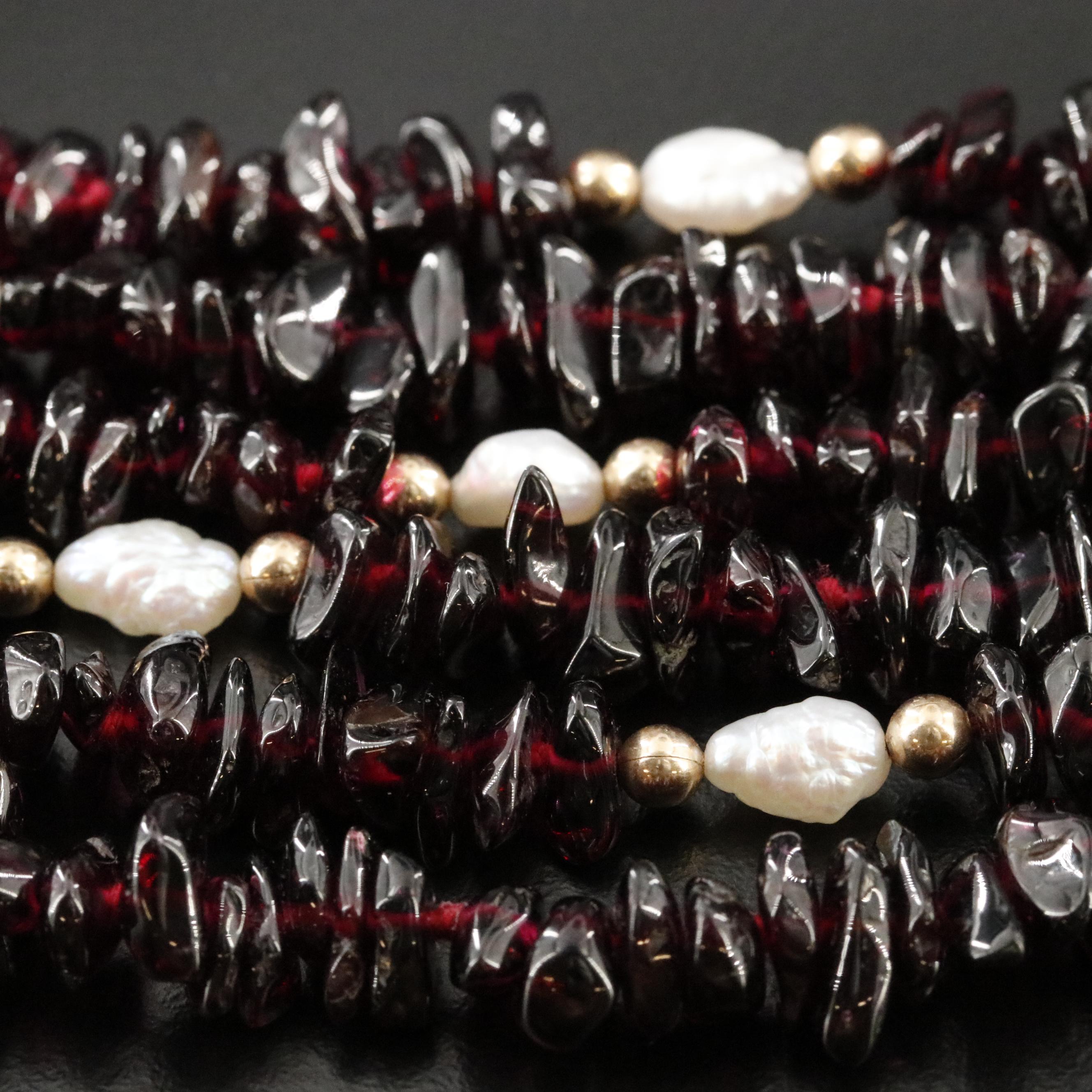 14K Garnet Bead Necklace with Pearl Stations