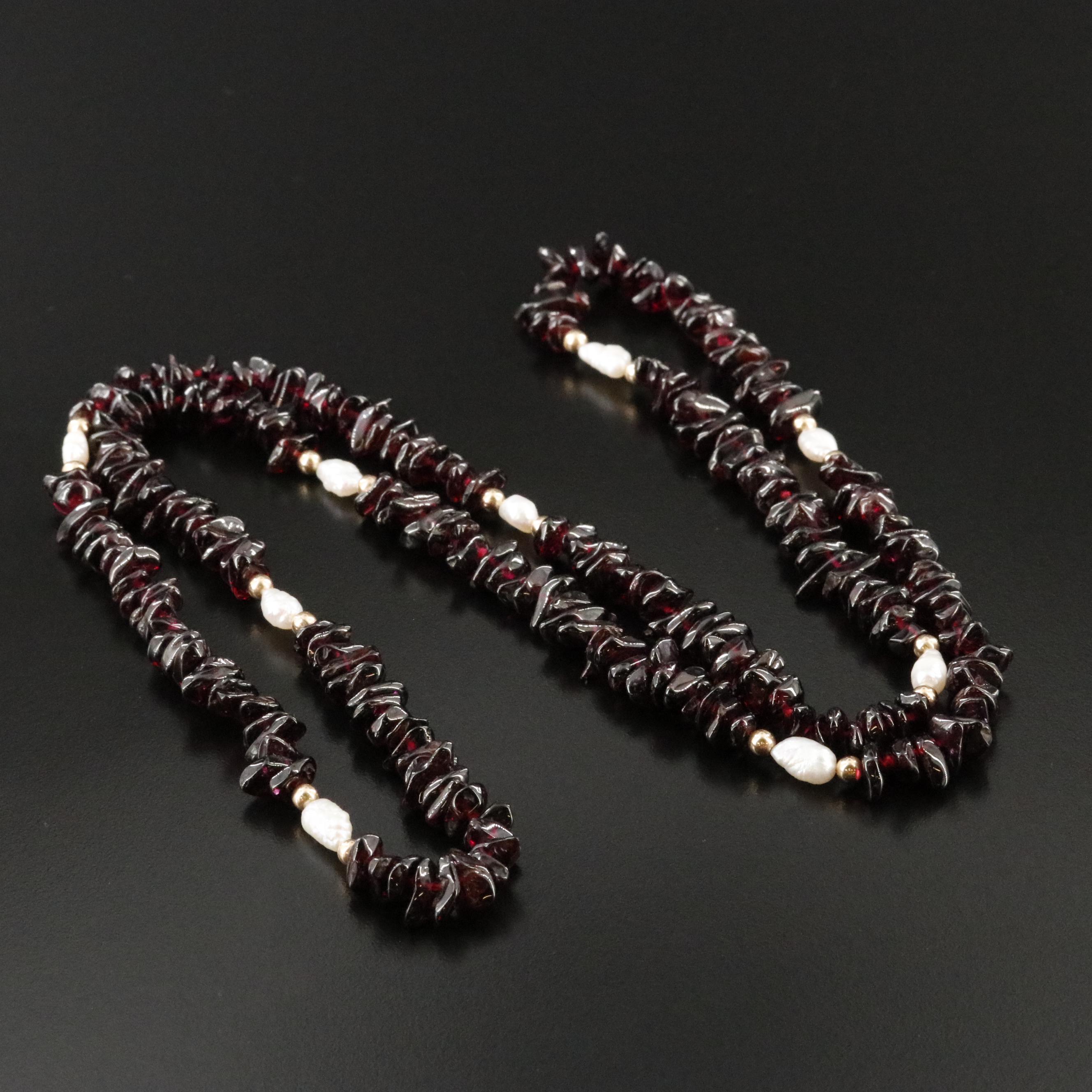 14K Garnet Bead Necklace with Pearl Stations