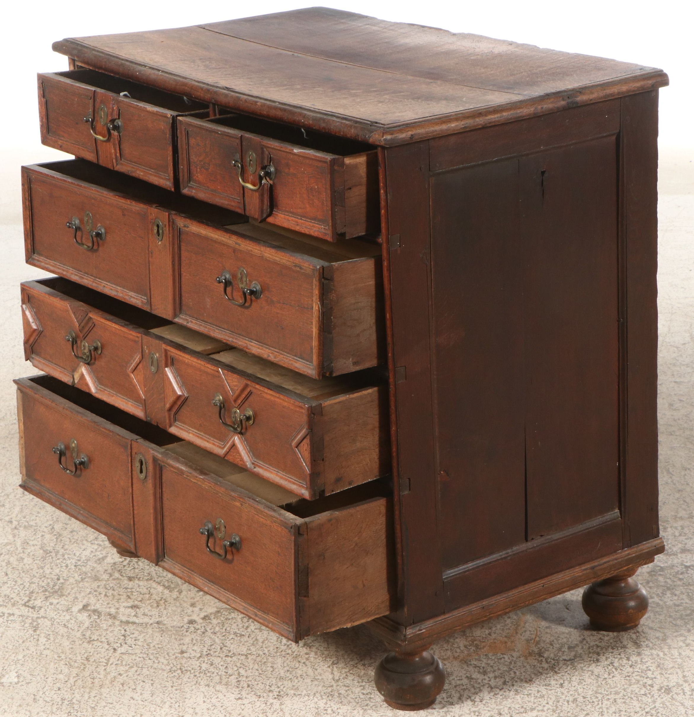 English William & Mary Geometric Molded Oak Chest of Drawers, 17th Century