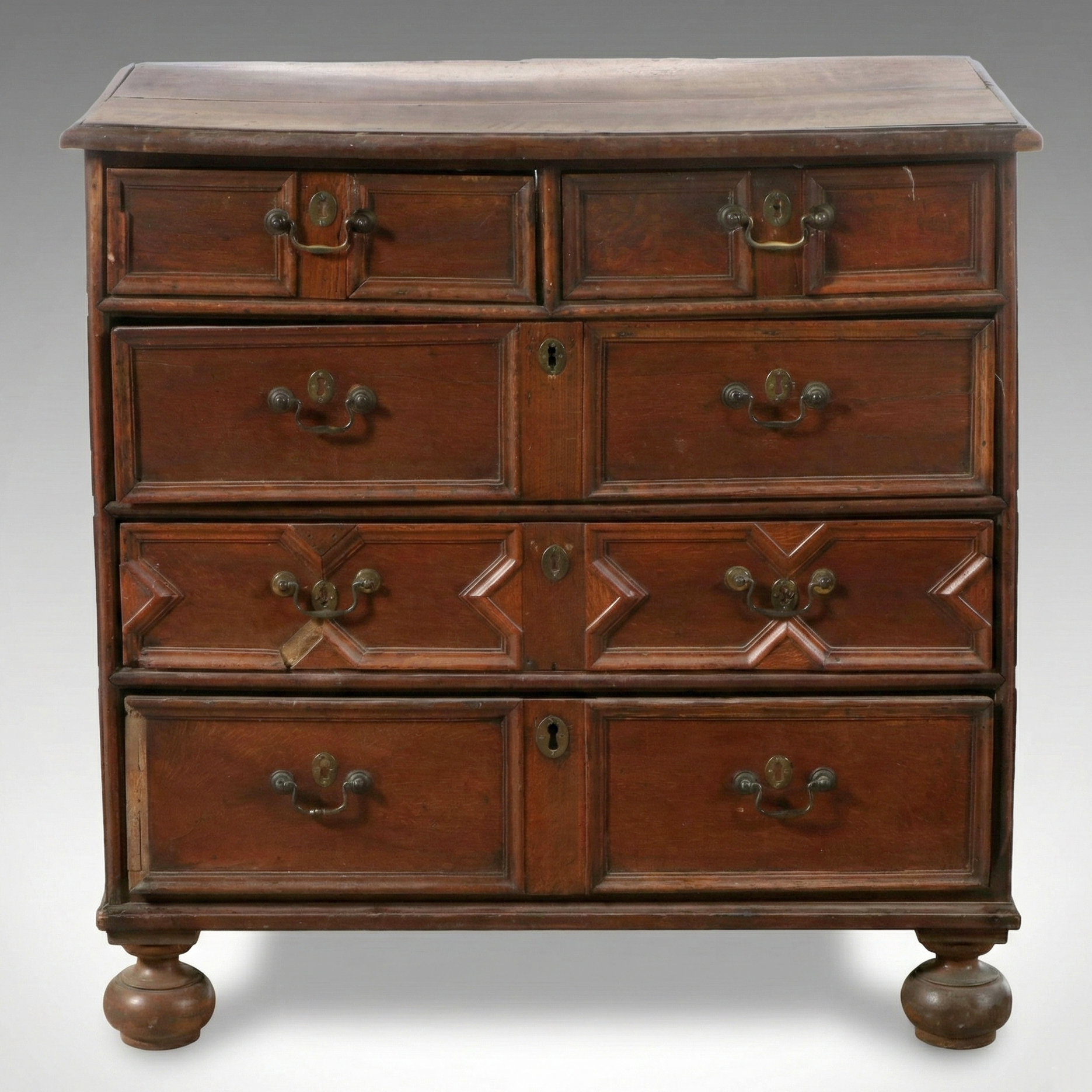 English William & Mary Geometric Molded Oak Chest of Drawers, 17th Century