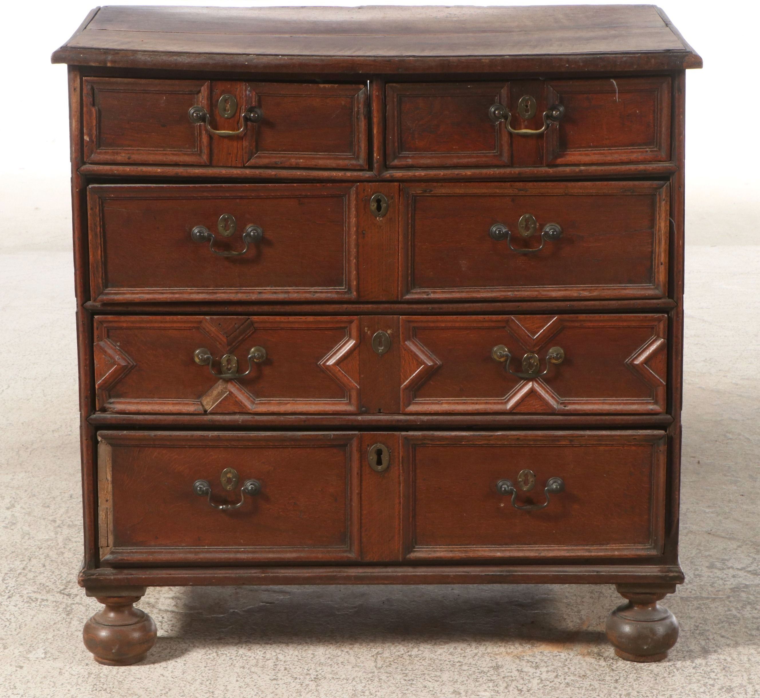 English William & Mary Geometric Molded Oak Chest of Drawers, 17th Century
