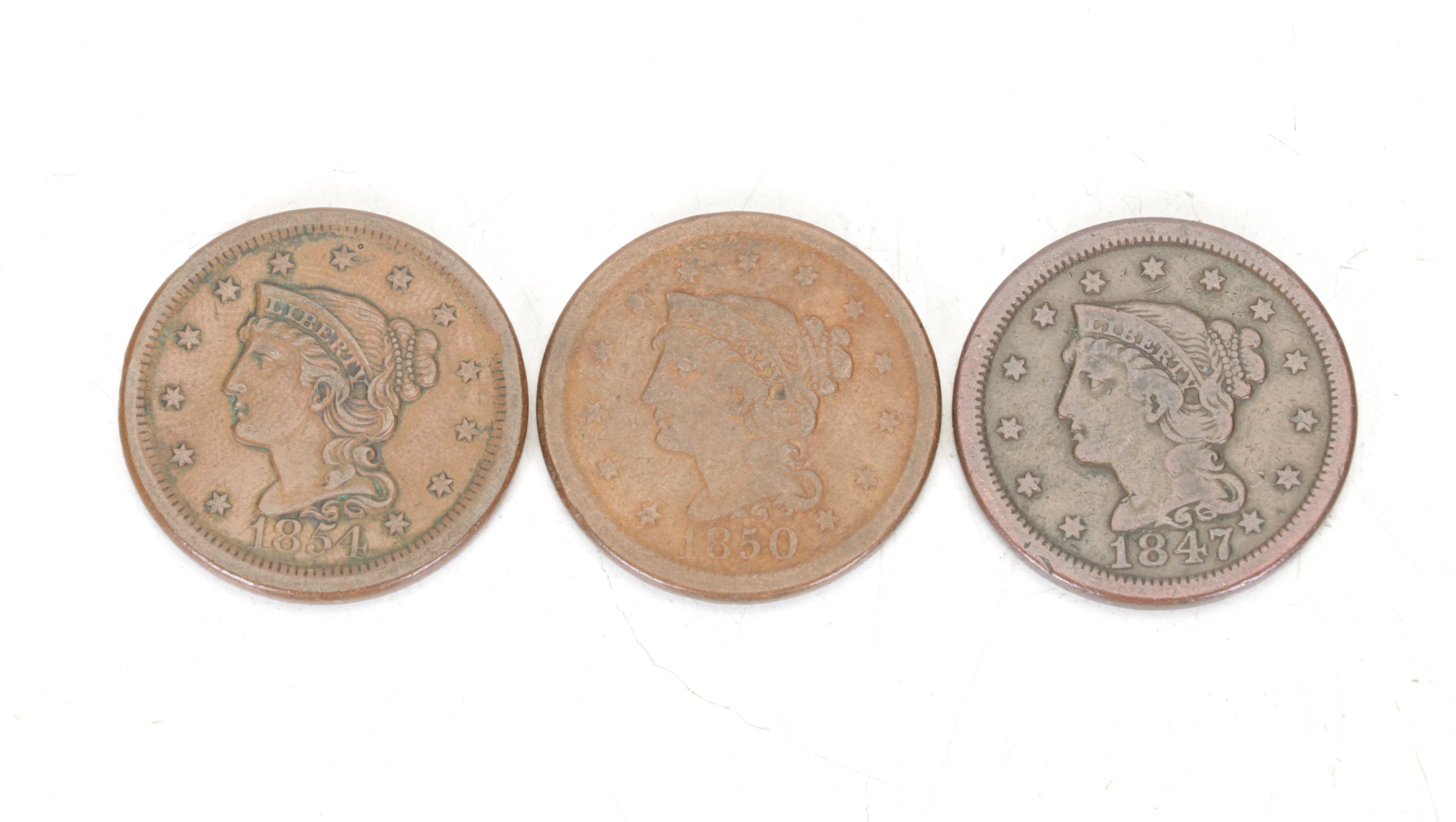 Four Braided Hair Large Cent Coins, Mid-19th Century