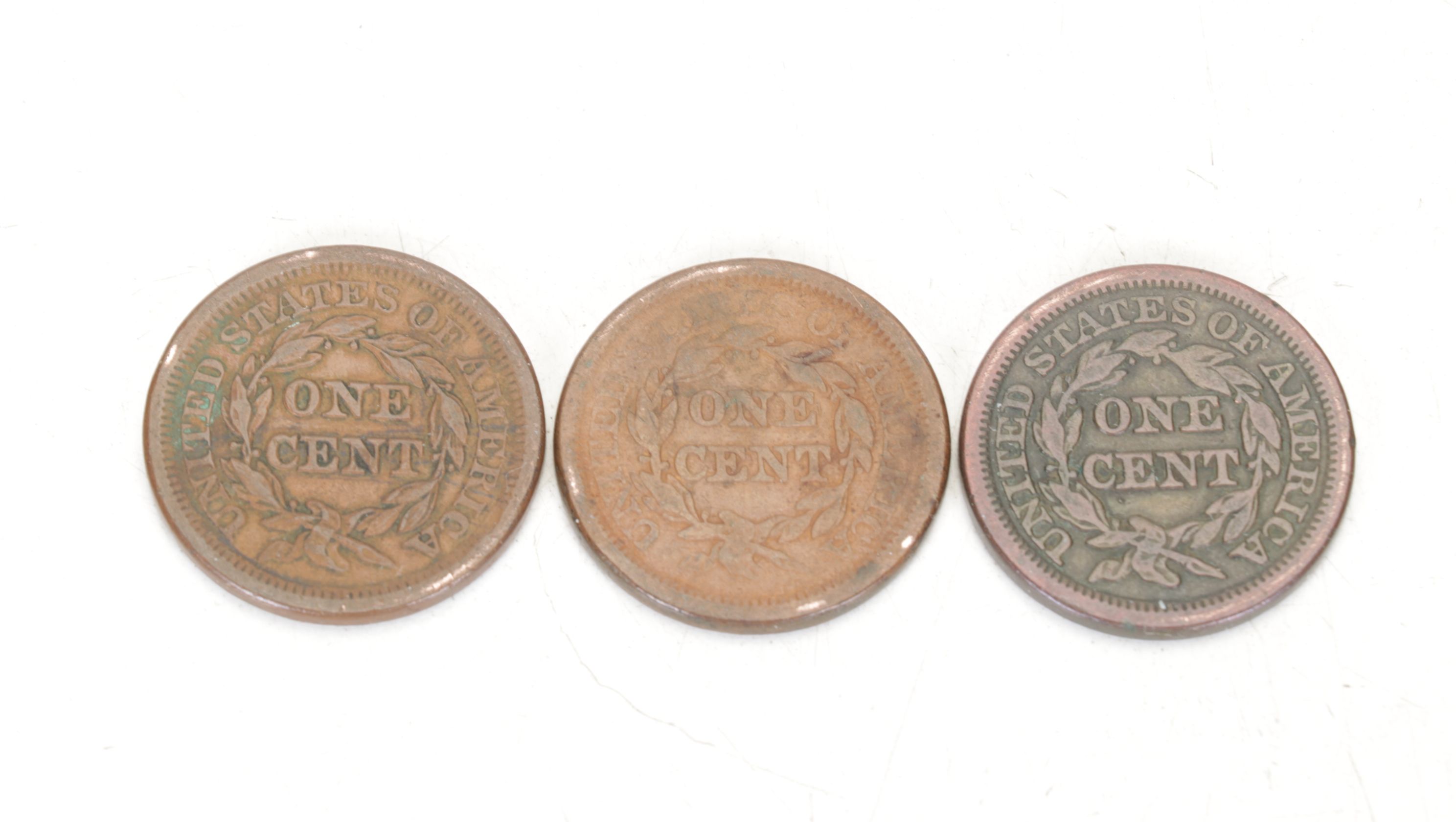 Four Braided Hair Large Cent Coins, Mid-19th Century