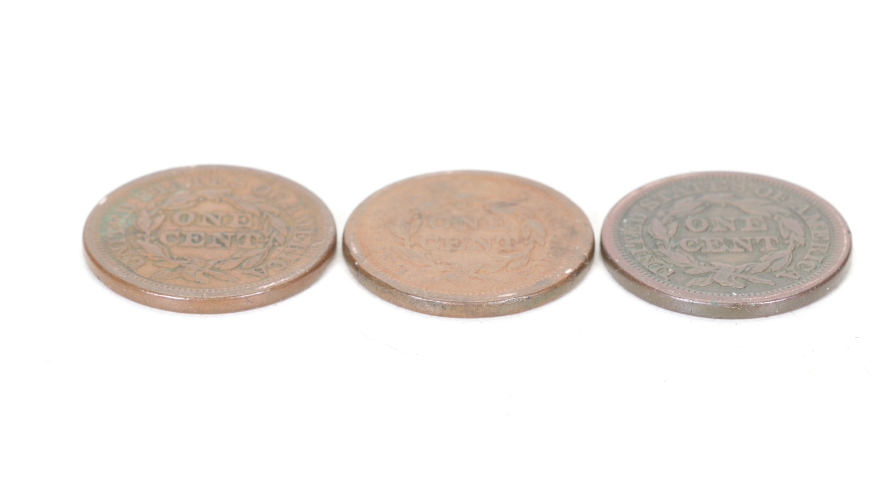 Four Braided Hair Large Cent Coins, Mid-19th Century