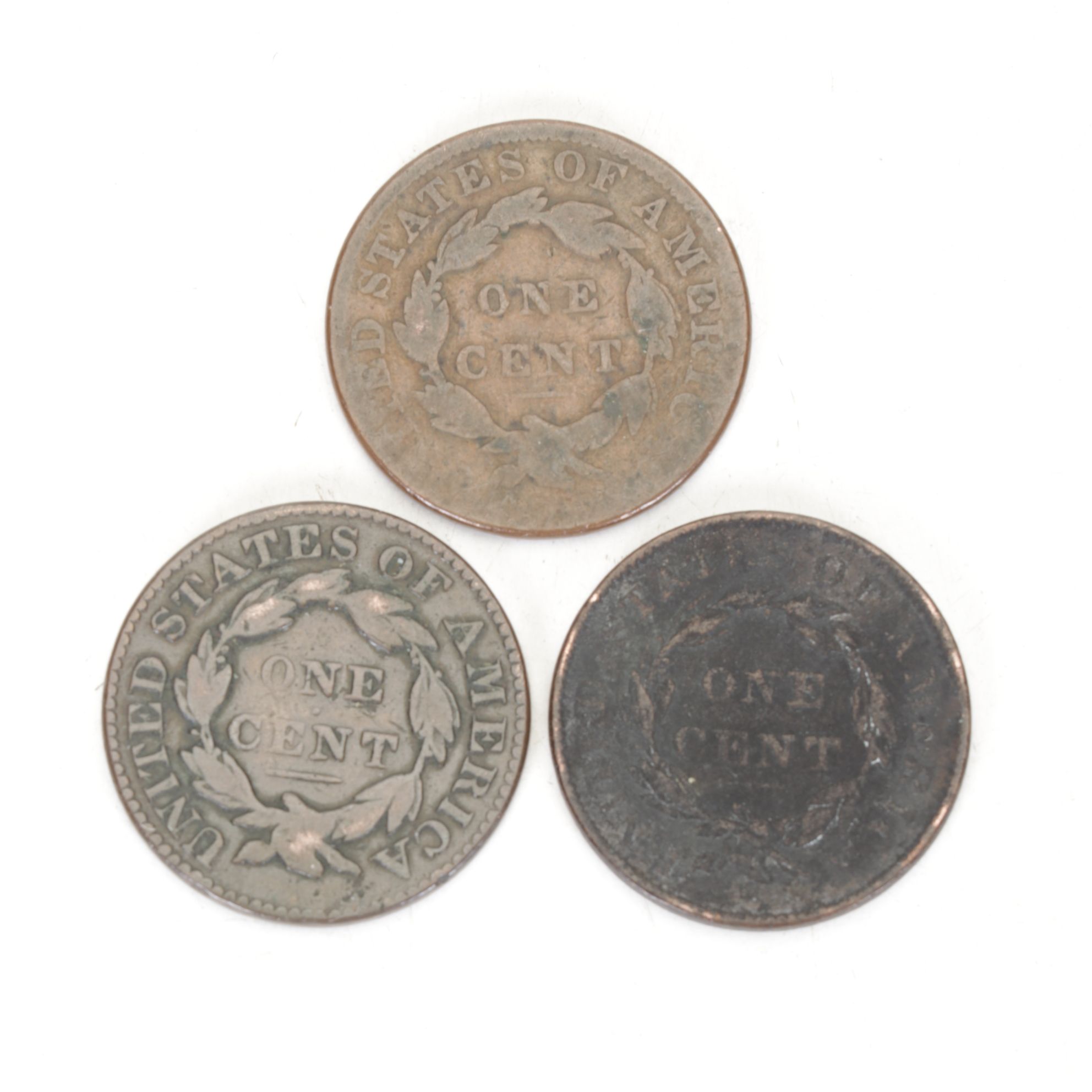 Trio of Braided Hair Large Cent Coins, Mid-19th Century