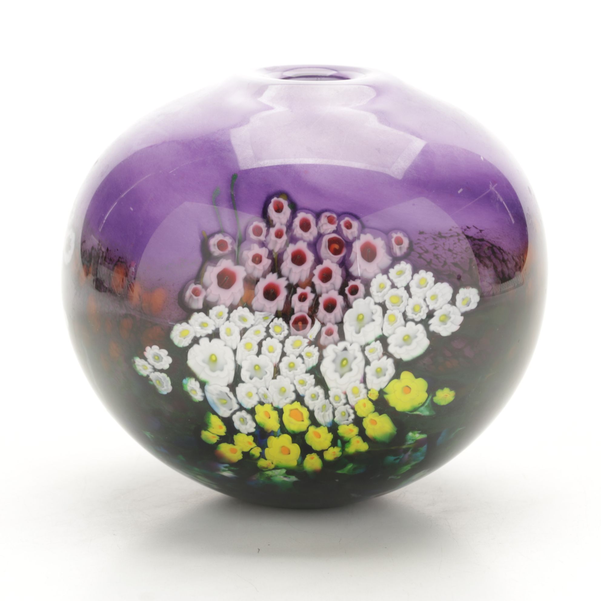 Shawn Messenger Signed Art Glass Landscape Series Round Vase