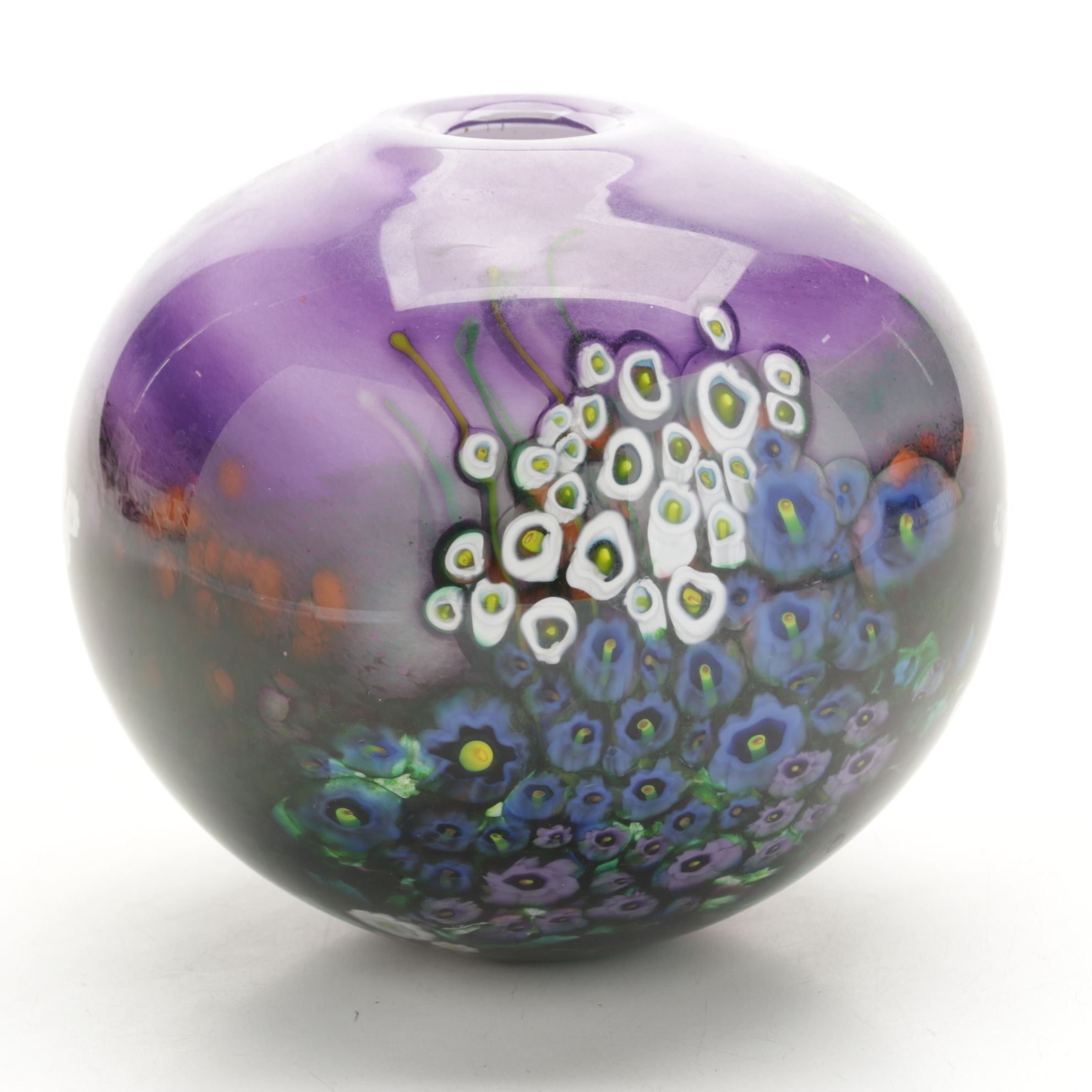 Shawn Messenger Signed Art Glass Landscape Series Round Vase