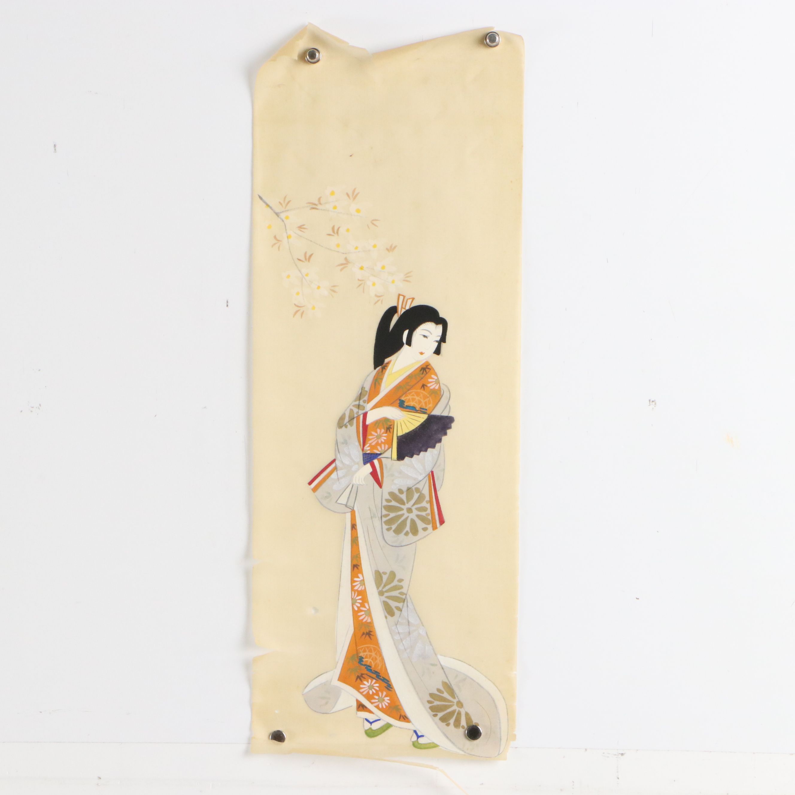 Pair of Japanese Scroll Gouache Paintings of Women, 20th Century