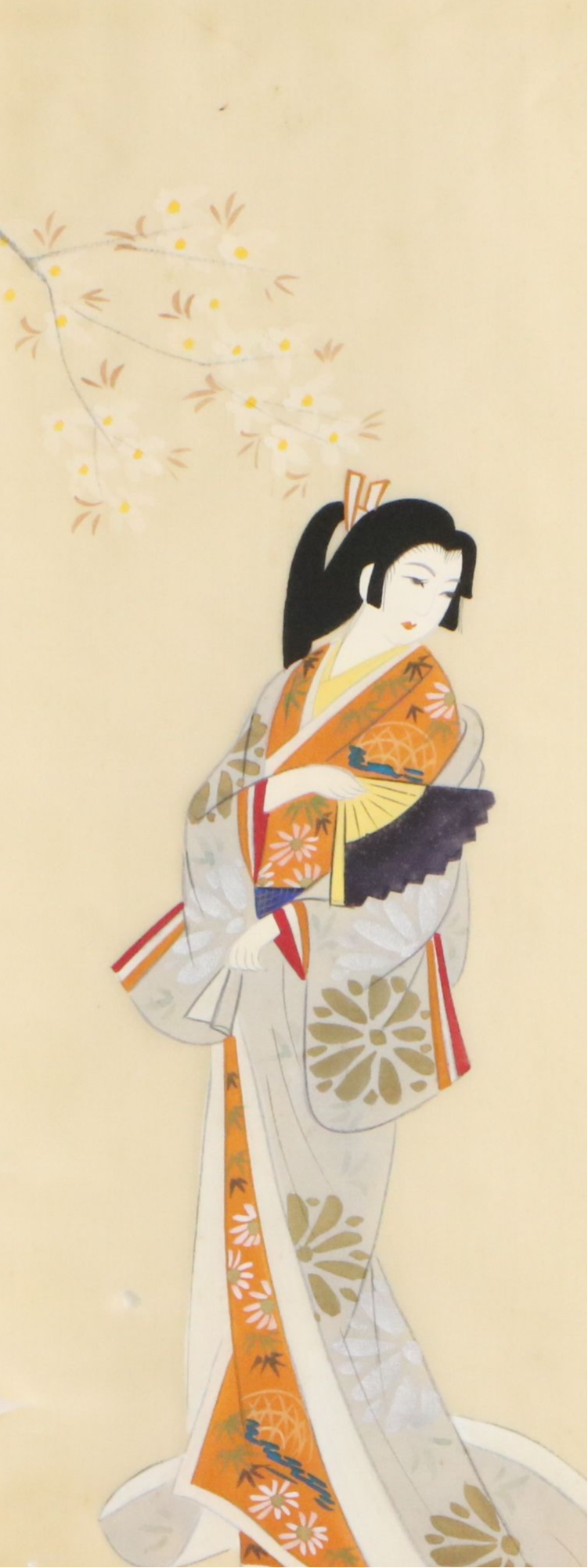 Pair of Japanese Scroll Gouache Paintings of Women, 20th Century