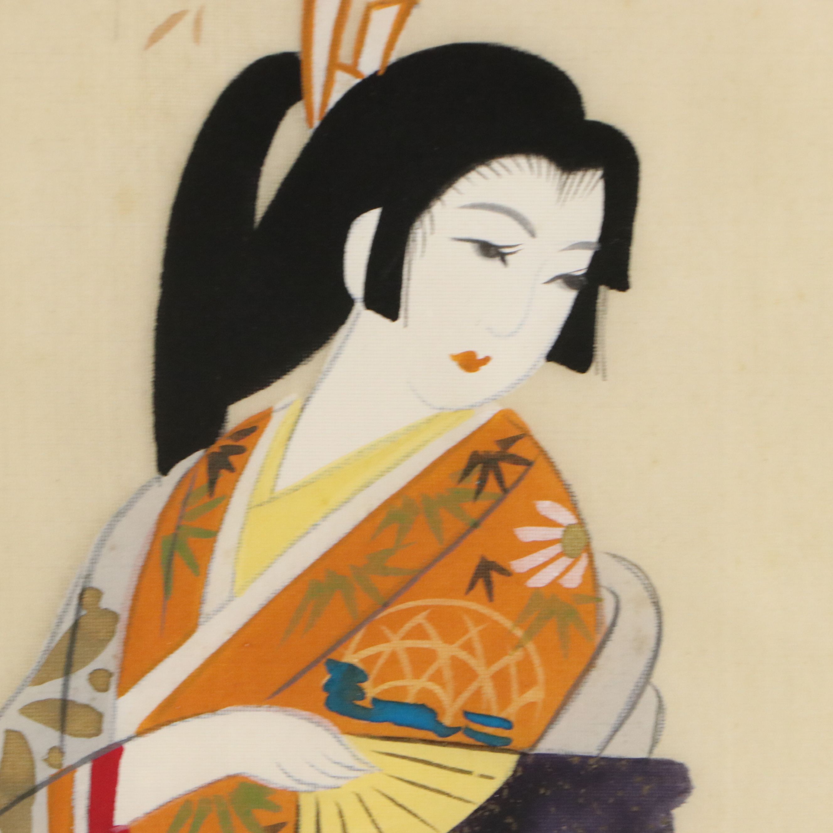 Pair of Japanese Scroll Gouache Paintings of Women, 20th Century