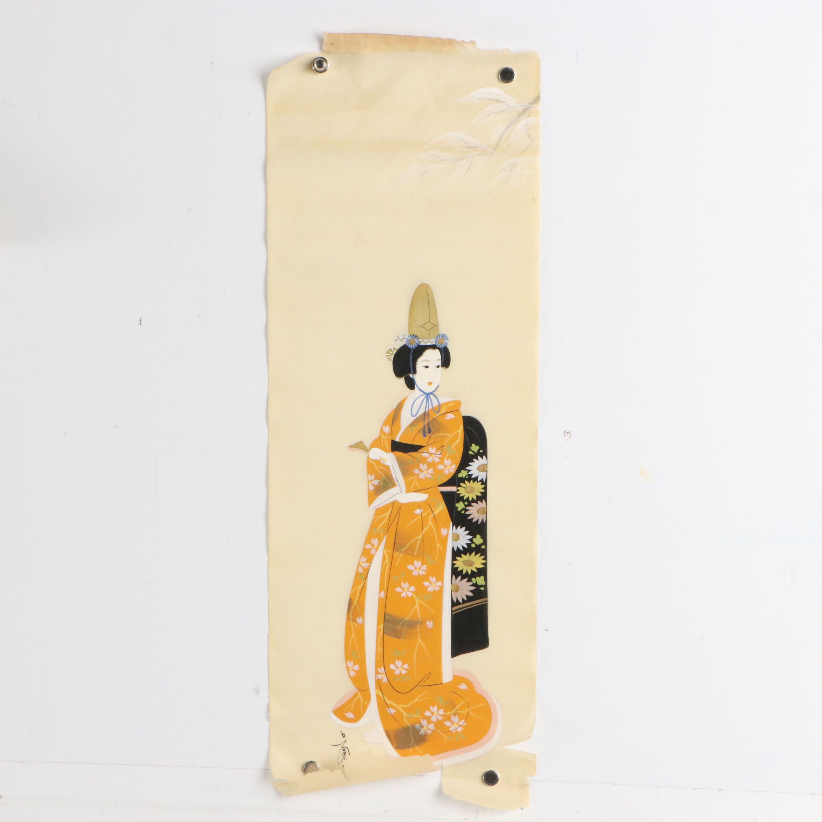 Pair of Japanese Scroll Gouache Paintings of Women, 20th Century