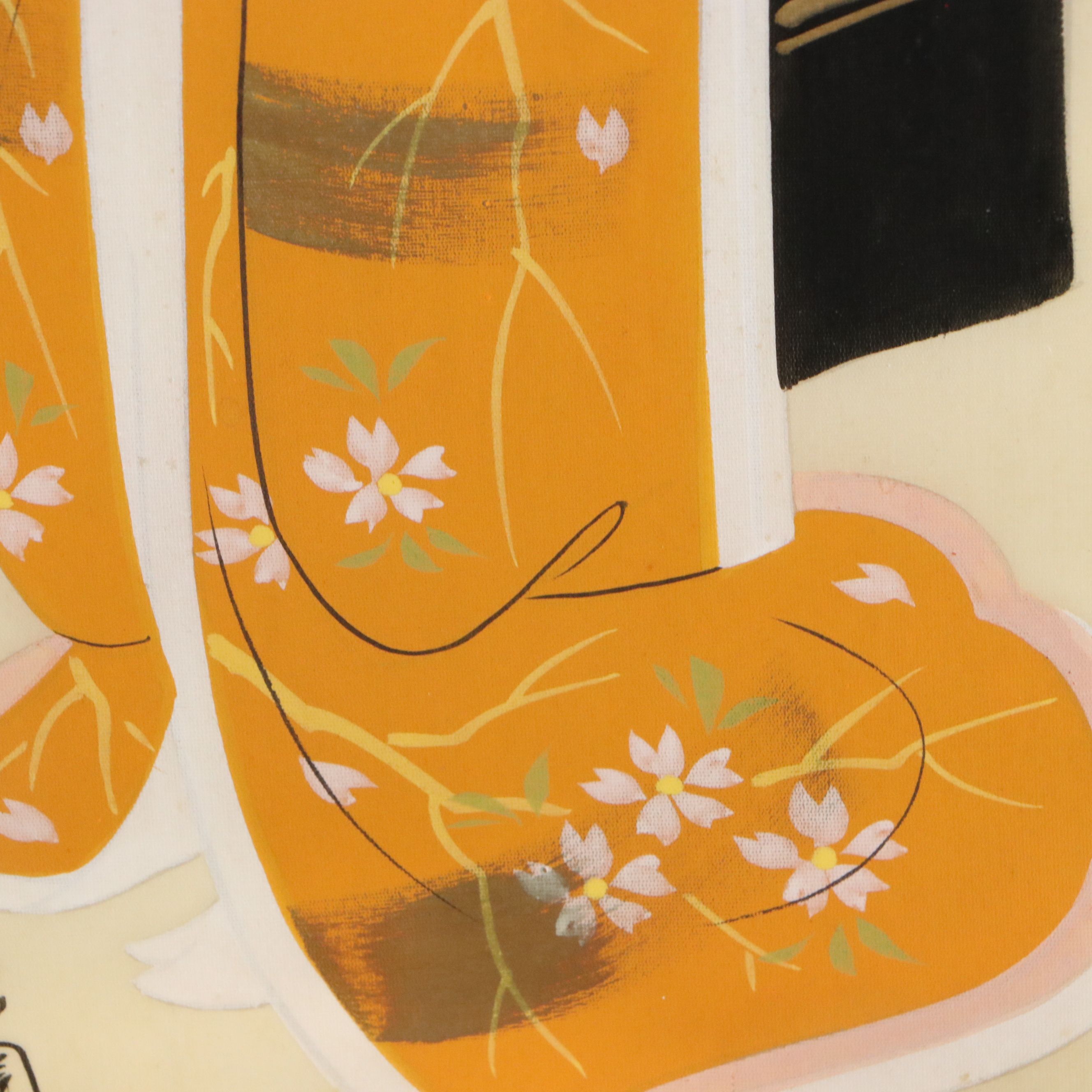 Pair of Japanese Scroll Gouache Paintings of Women, 20th Century