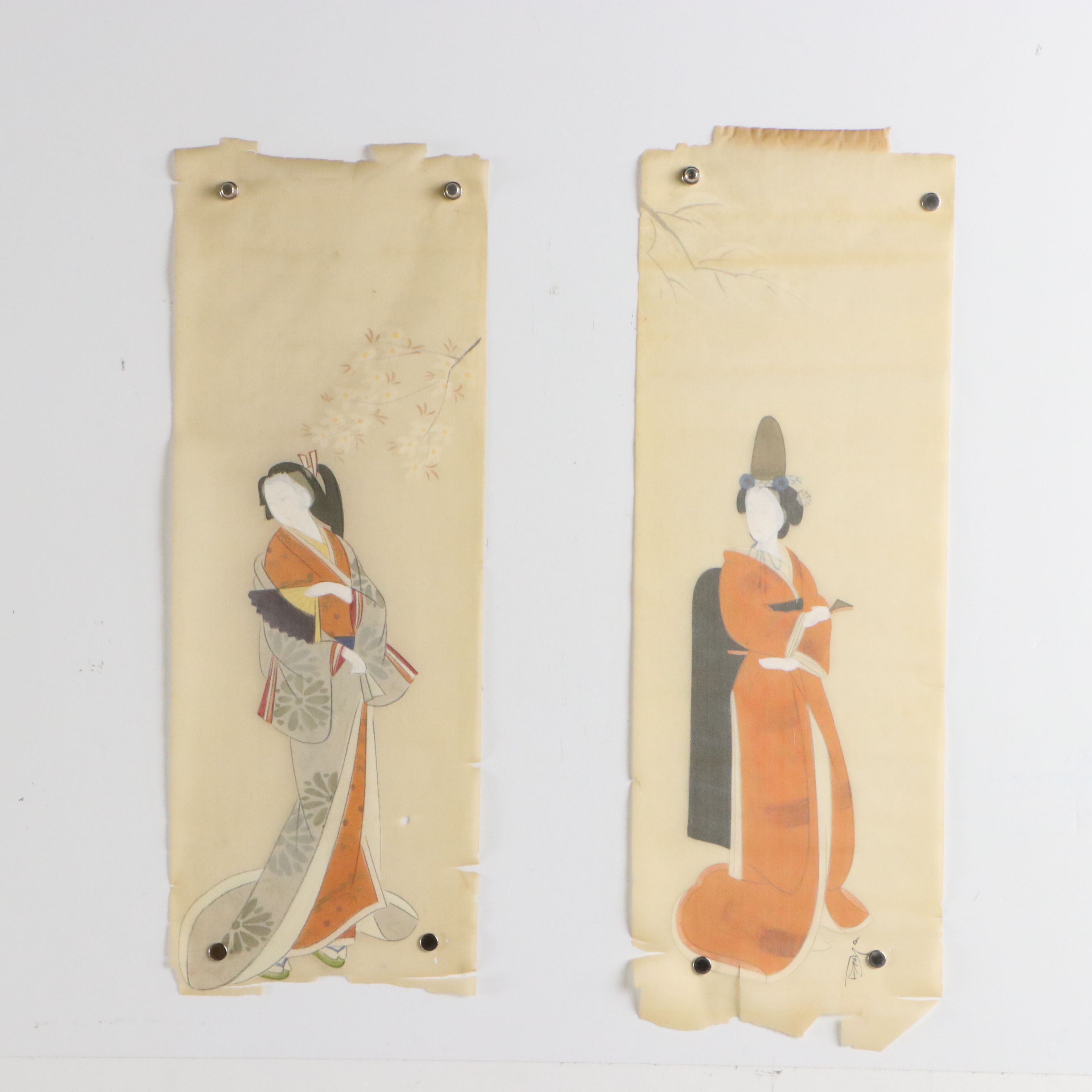 Pair of Japanese Scroll Gouache Paintings of Women, 20th Century