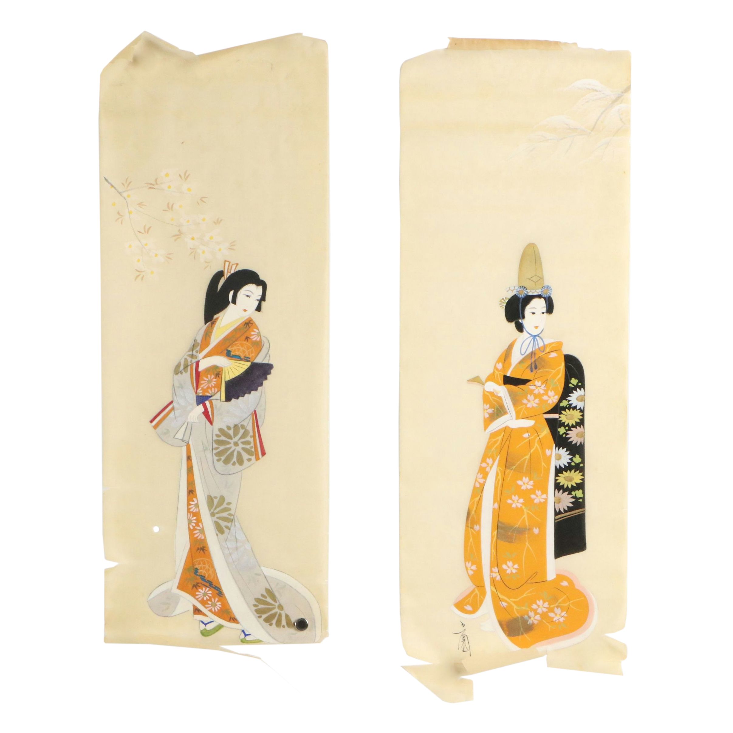 Pair of Japanese Scroll Gouache Paintings of Women, 20th Century