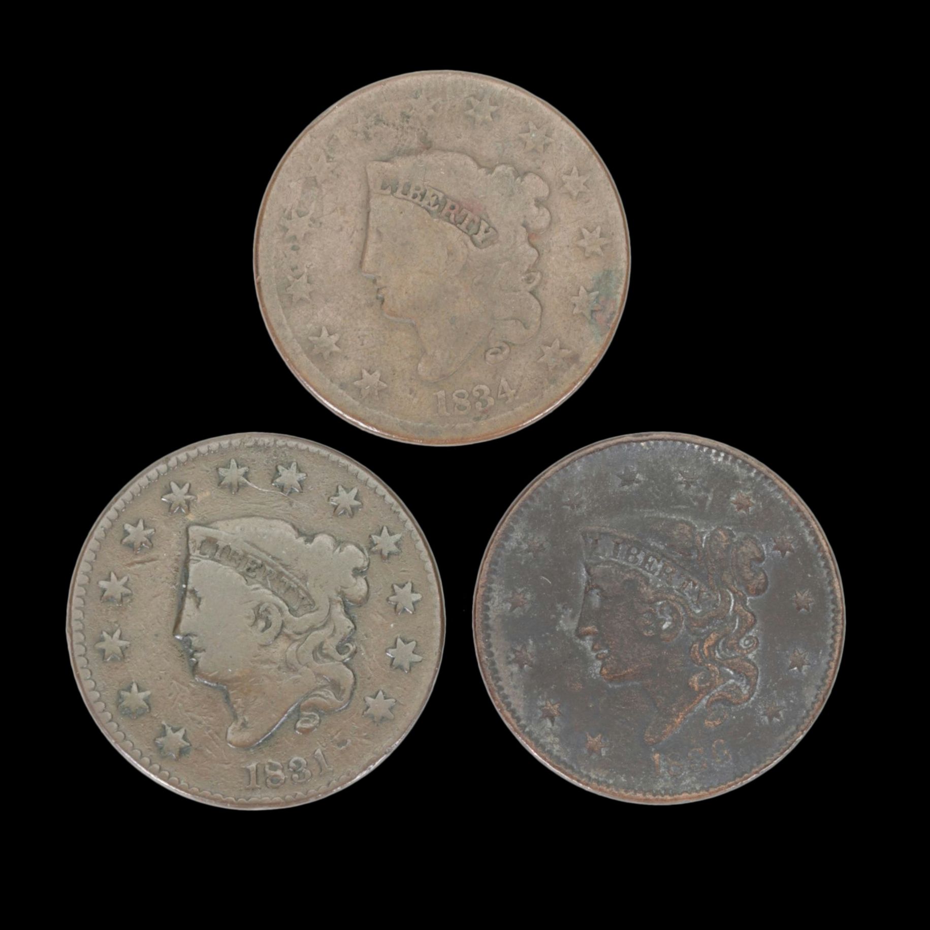 Trio of Braided Hair Large Cent Coins, Mid-19th Century