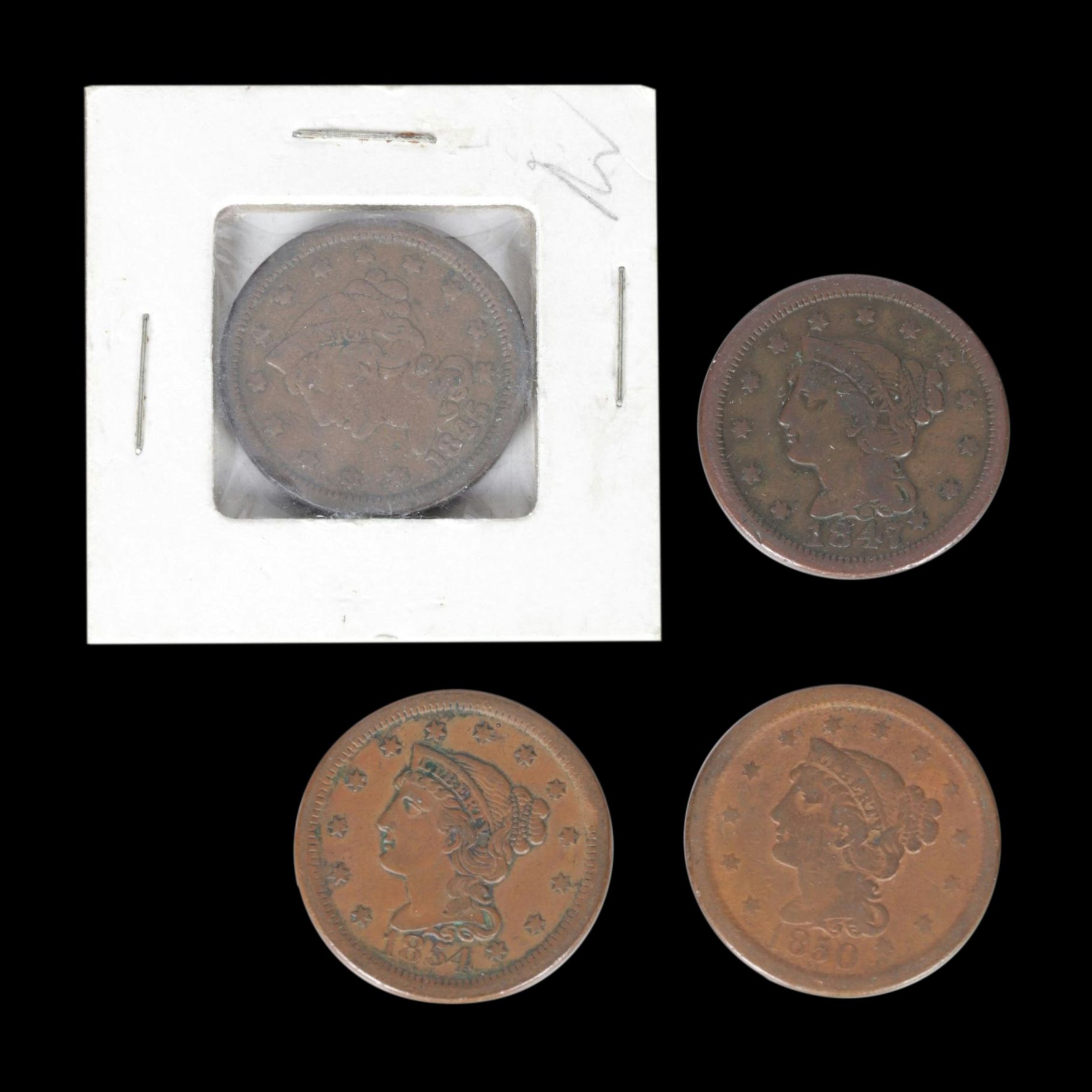 Four Braided Hair Large Cent Coins, Mid-19th Century