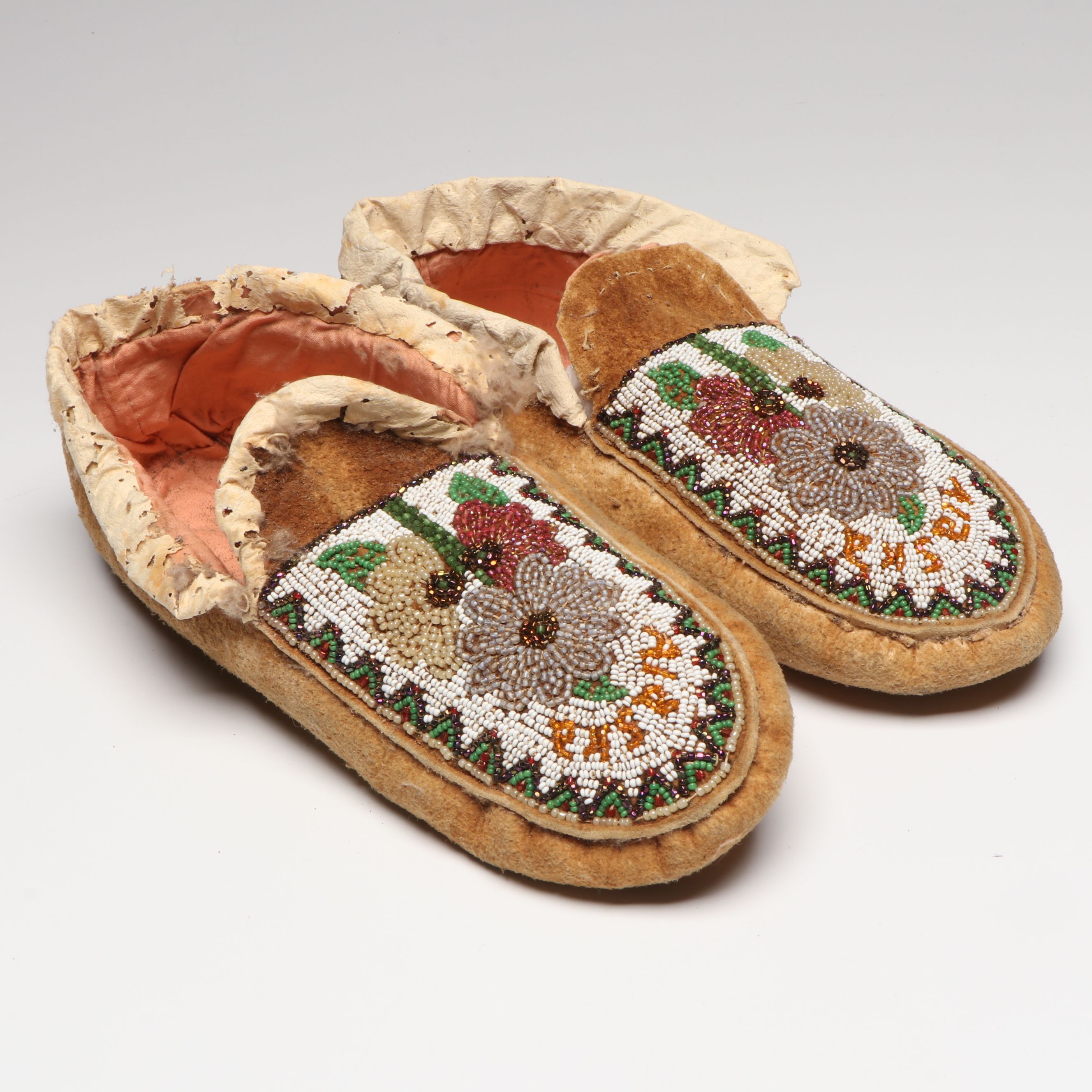 Alaskan Indigenous Hand-Beaded Hide Moccasins, 20th Century