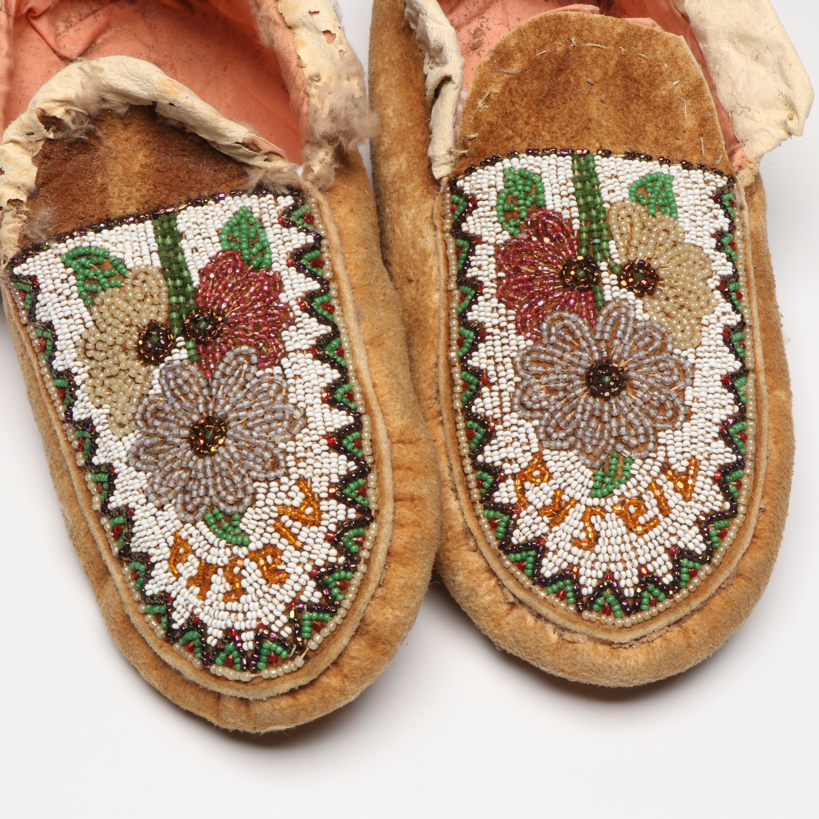 Alaskan Indigenous Hand-Beaded Hide Moccasins, 20th Century