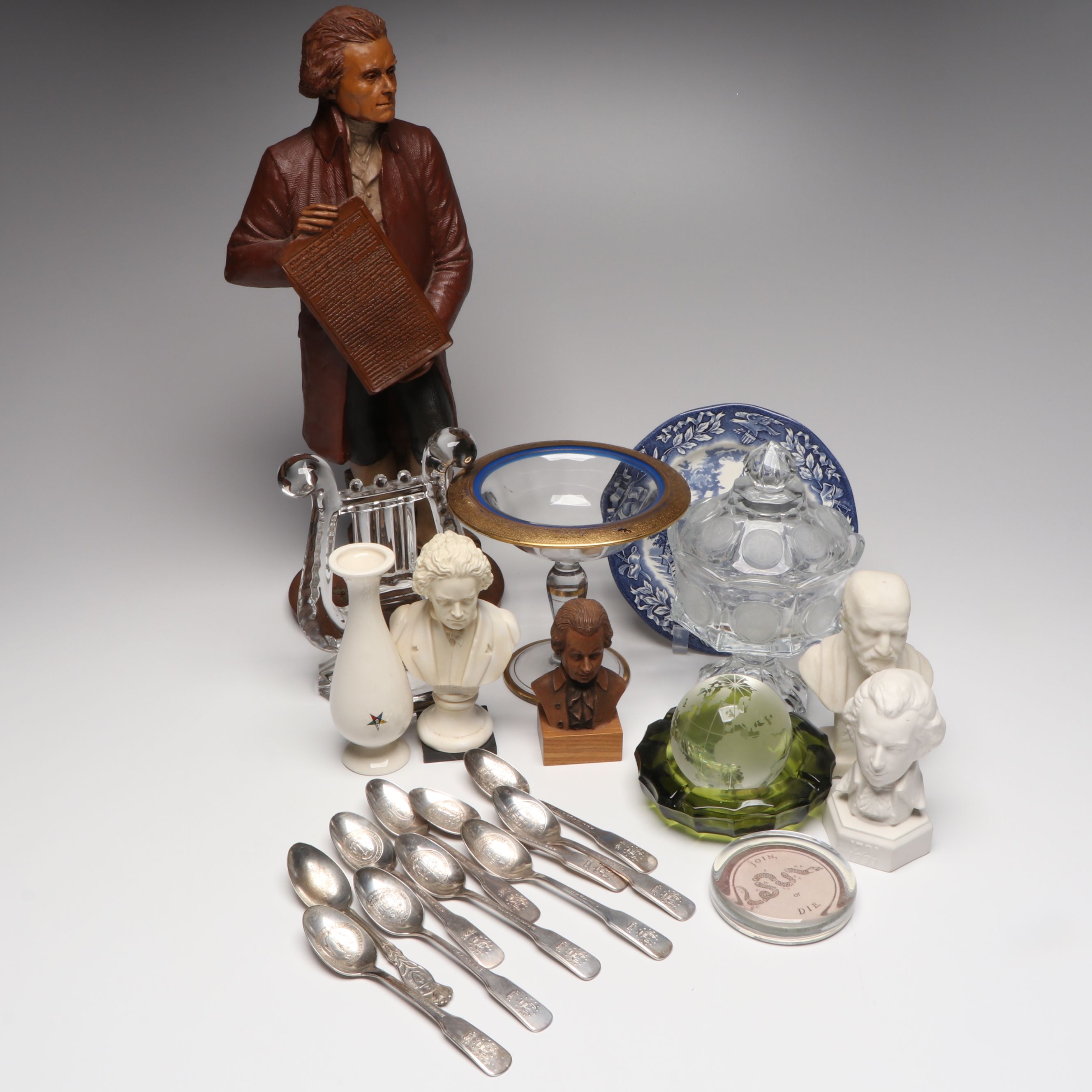 Fostoria American Coin Candy Dish with Historical Figurines and Other Tableware
