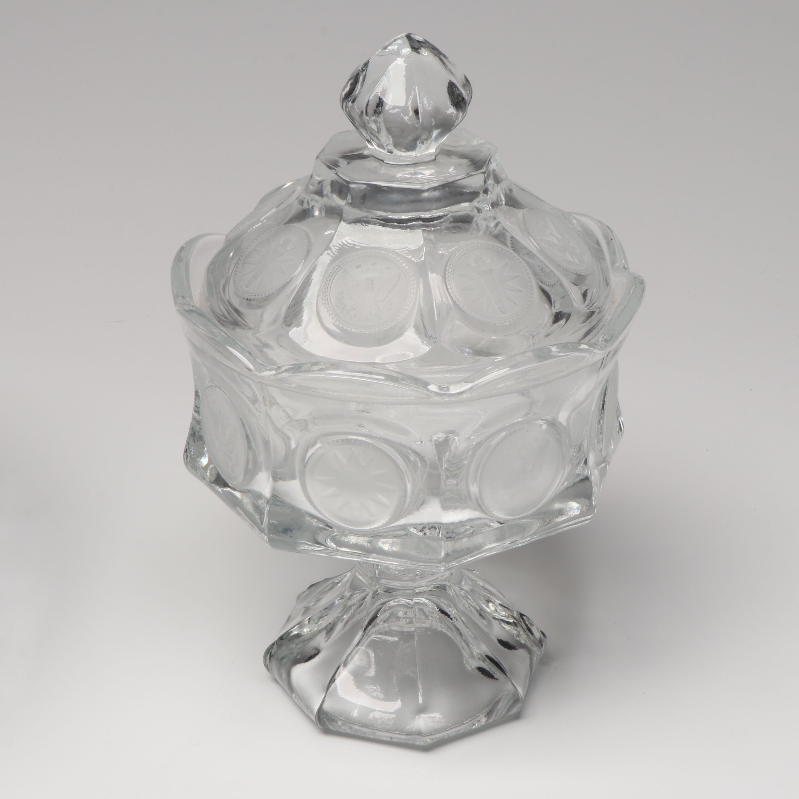 Fostoria American Coin Candy Dish with Historical Figurines and Other Tableware