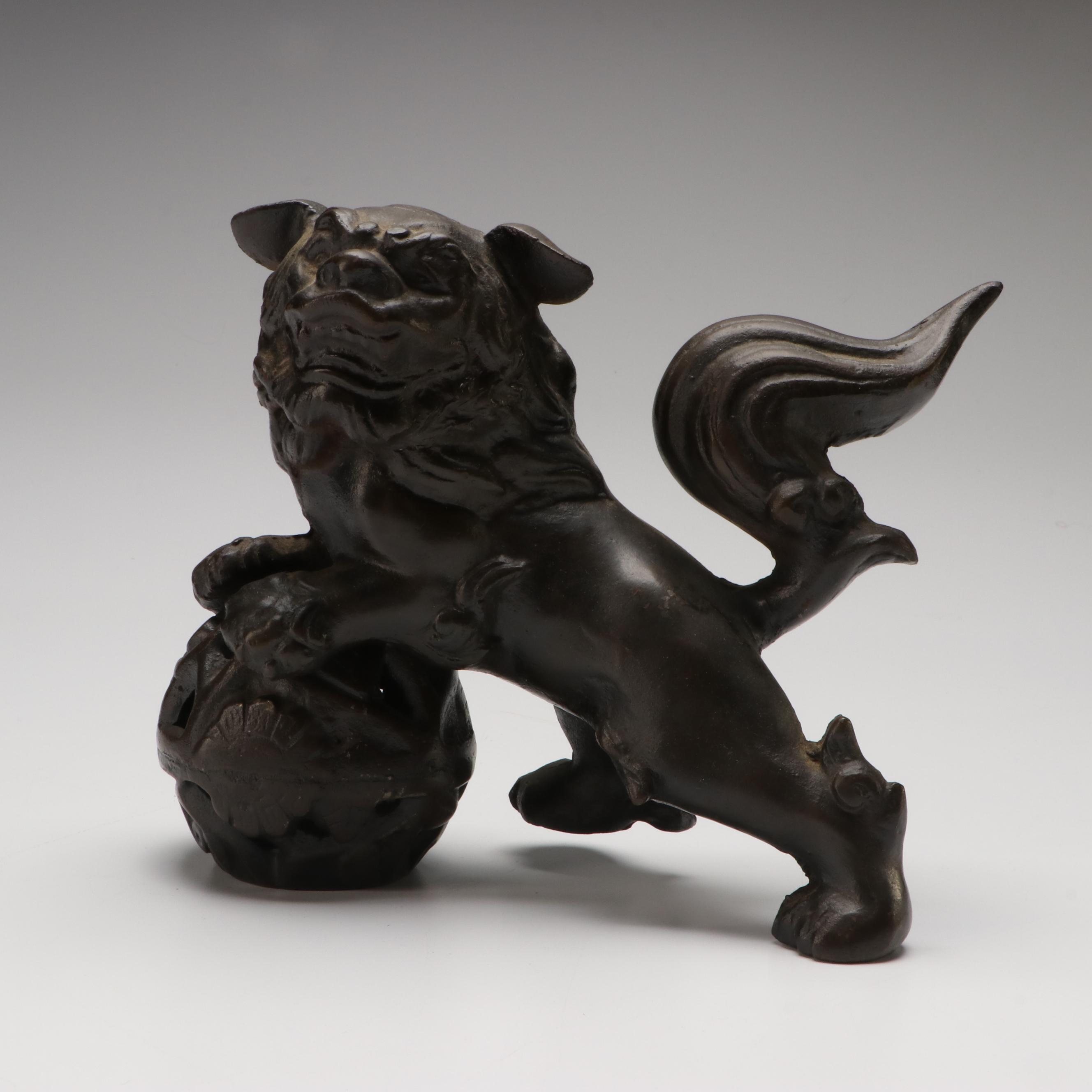 Cast Metal Male Guardian Lion with Ball Censer