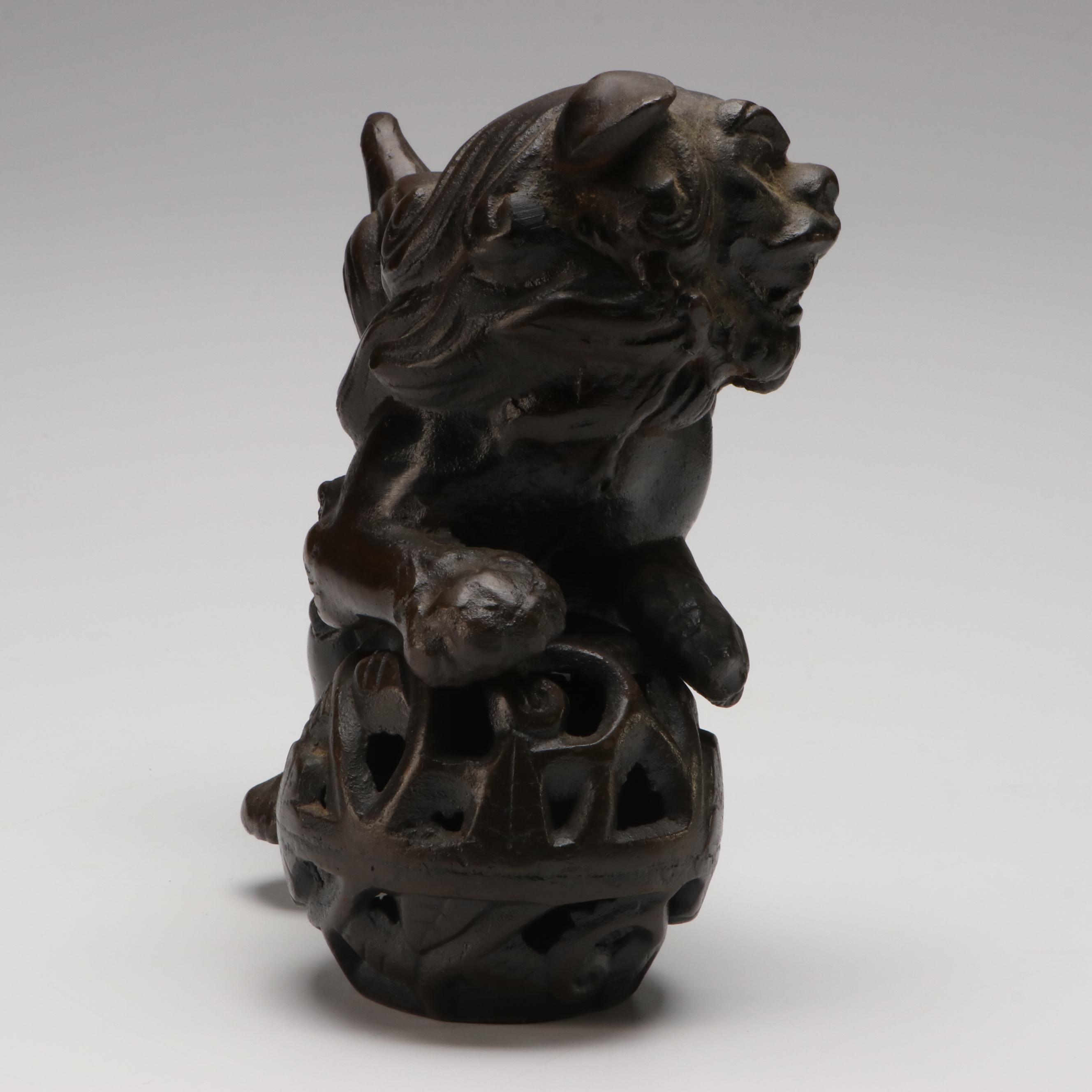 Cast Metal Male Guardian Lion with Ball Censer
