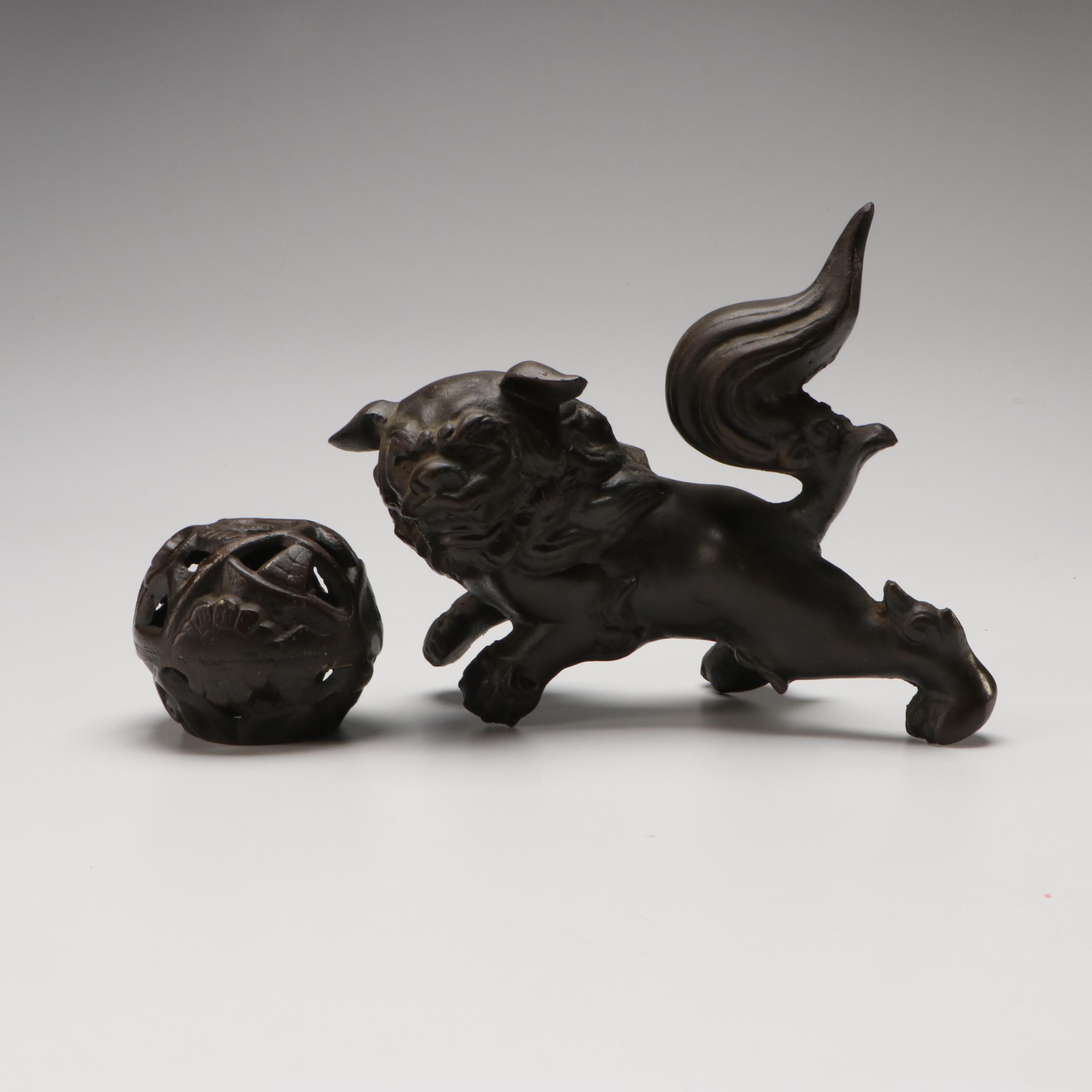 Cast Metal Male Guardian Lion with Ball Censer