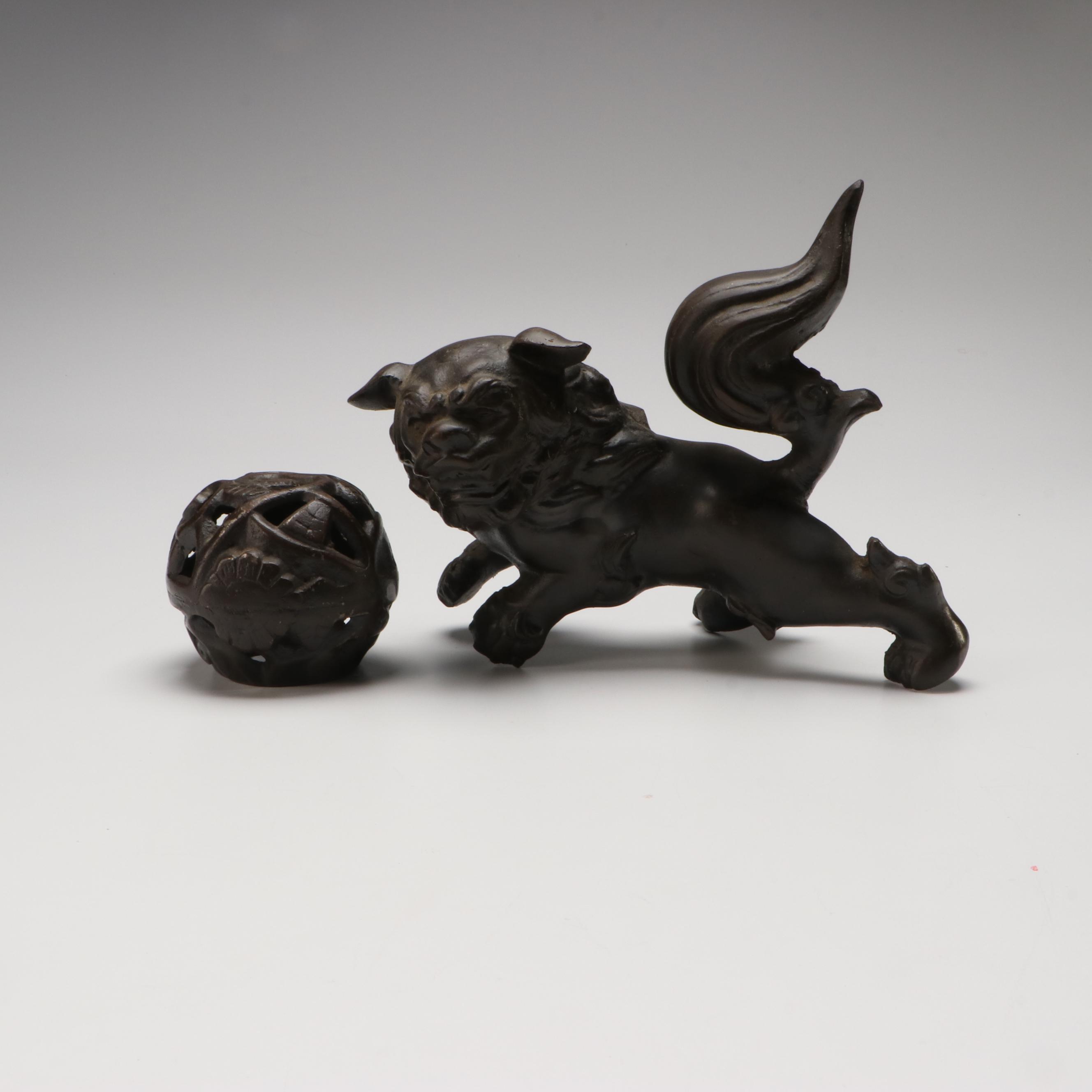 Cast Metal Male Guardian Lion with Ball Censer