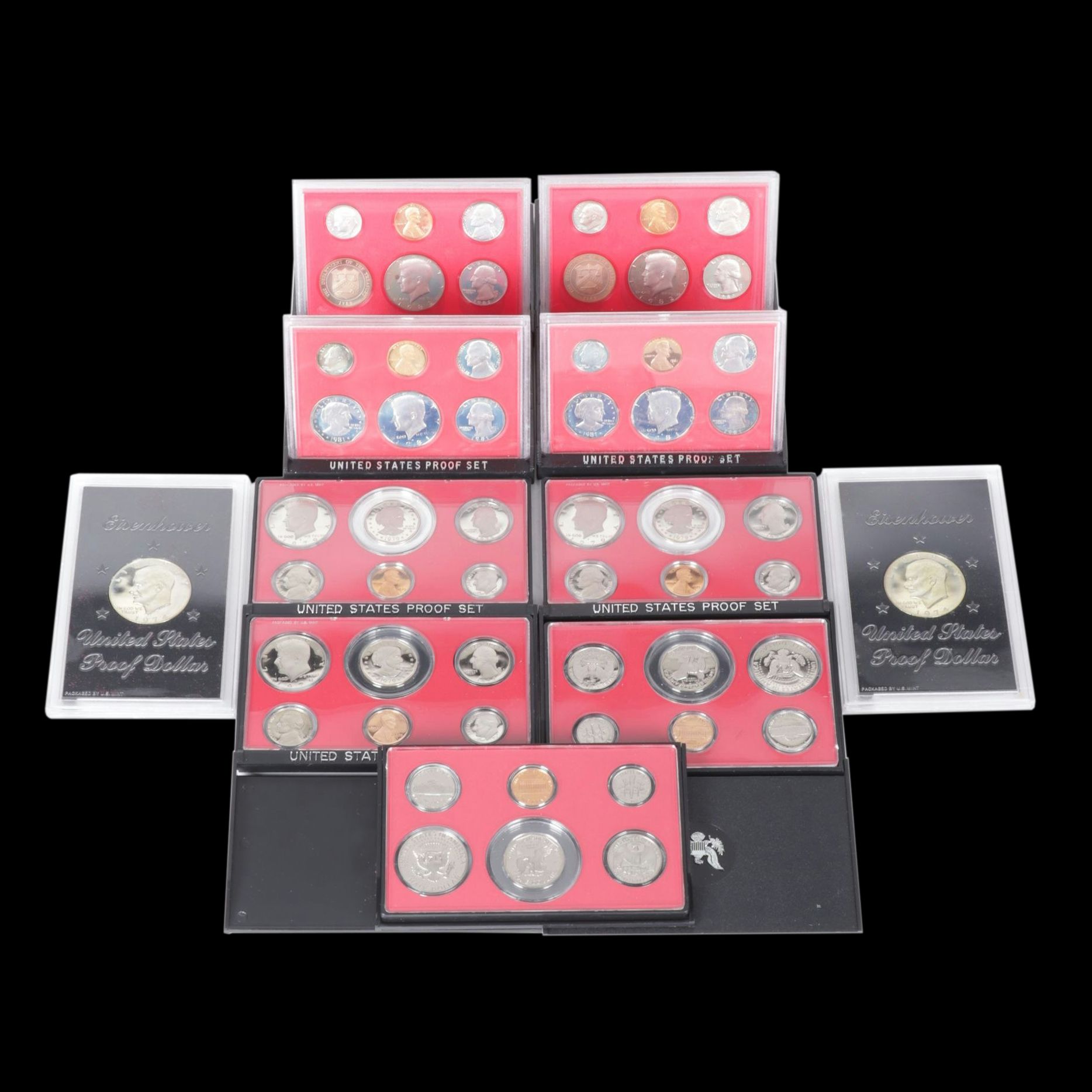 Nine Modern United States Proof Sets with Two Eisenhower Dollars