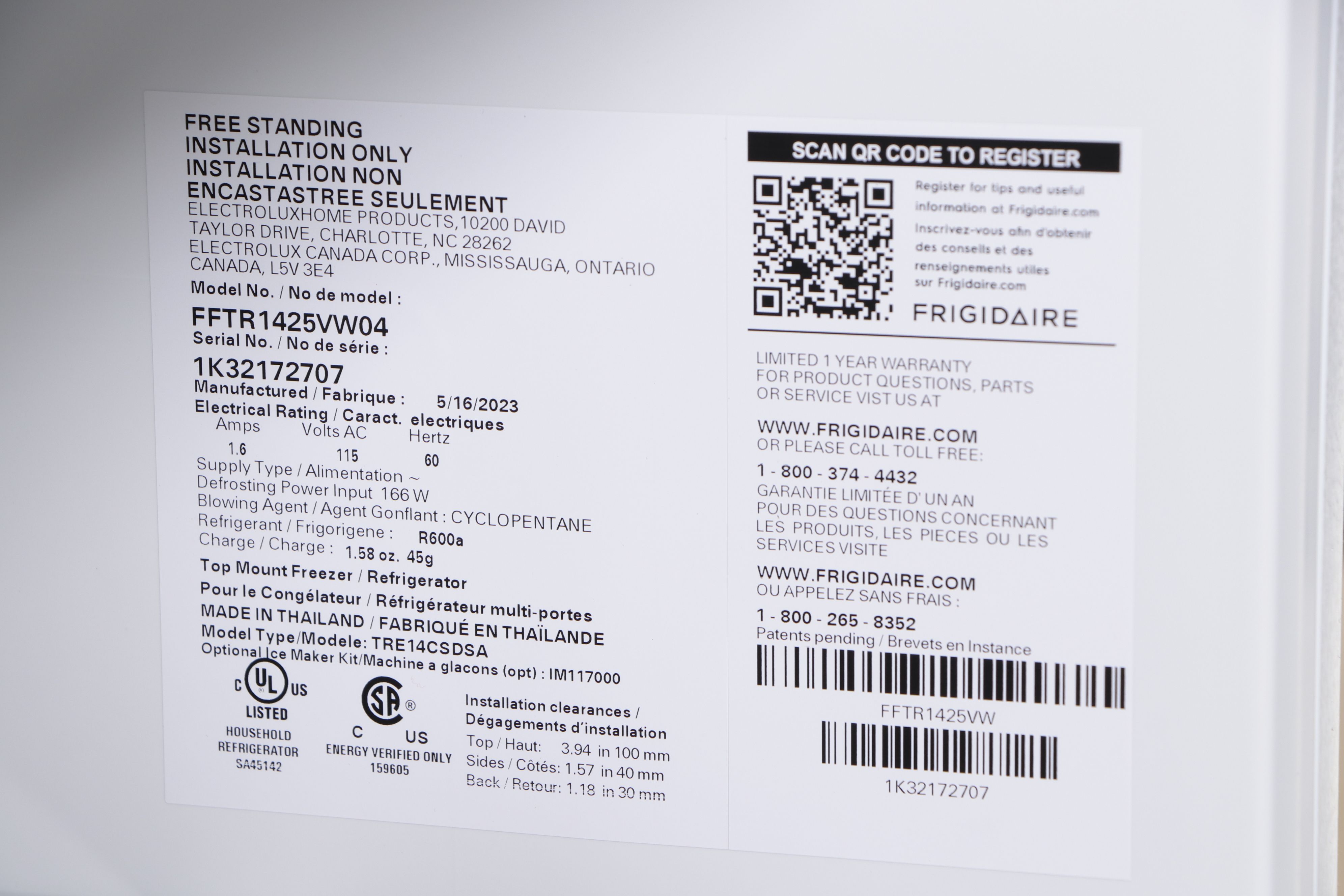 Frigidaire 14 Cu.Ft. White Freezer Top Refrigerator