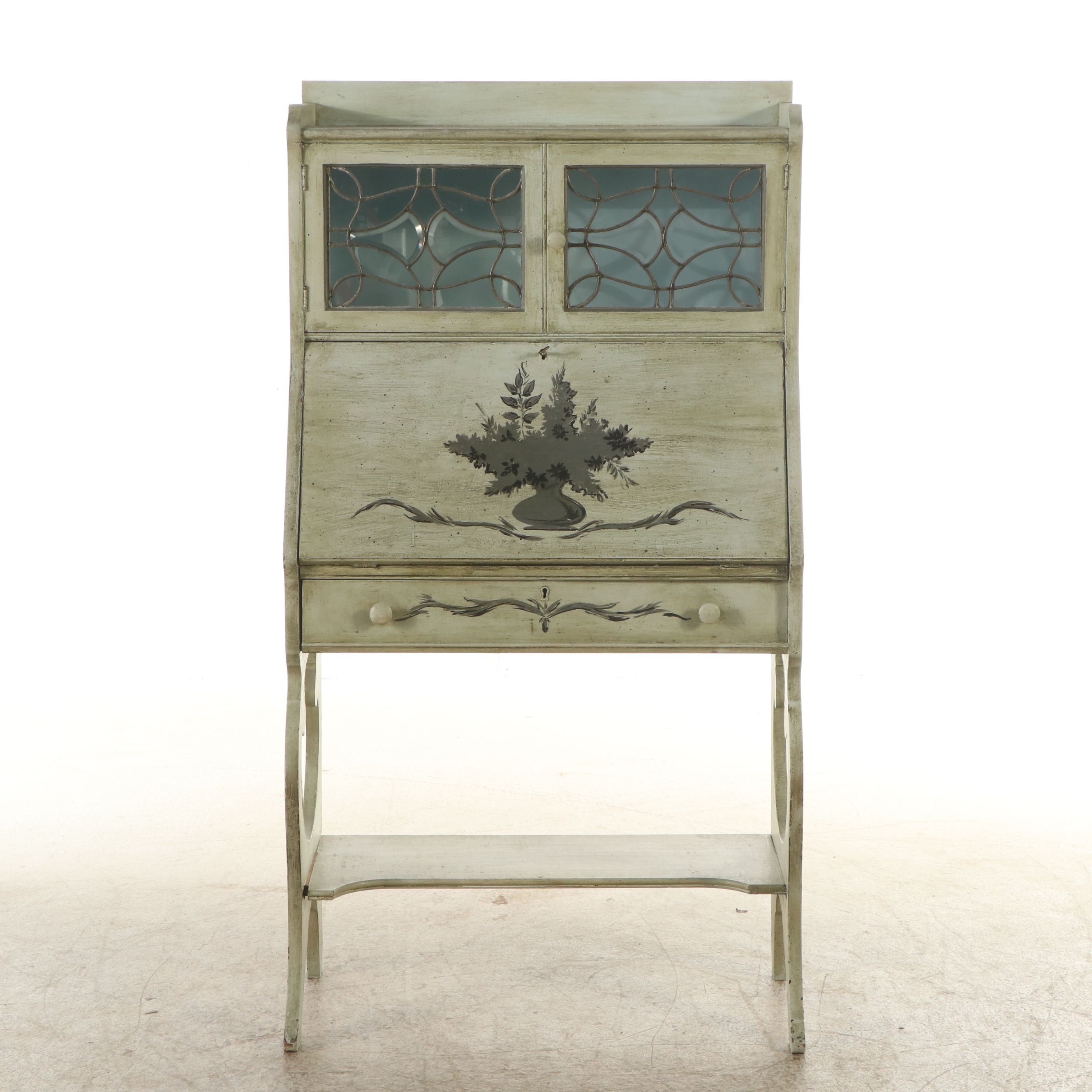 Paint-Decorated and Leaded Glass Secretary, Early 20th Century