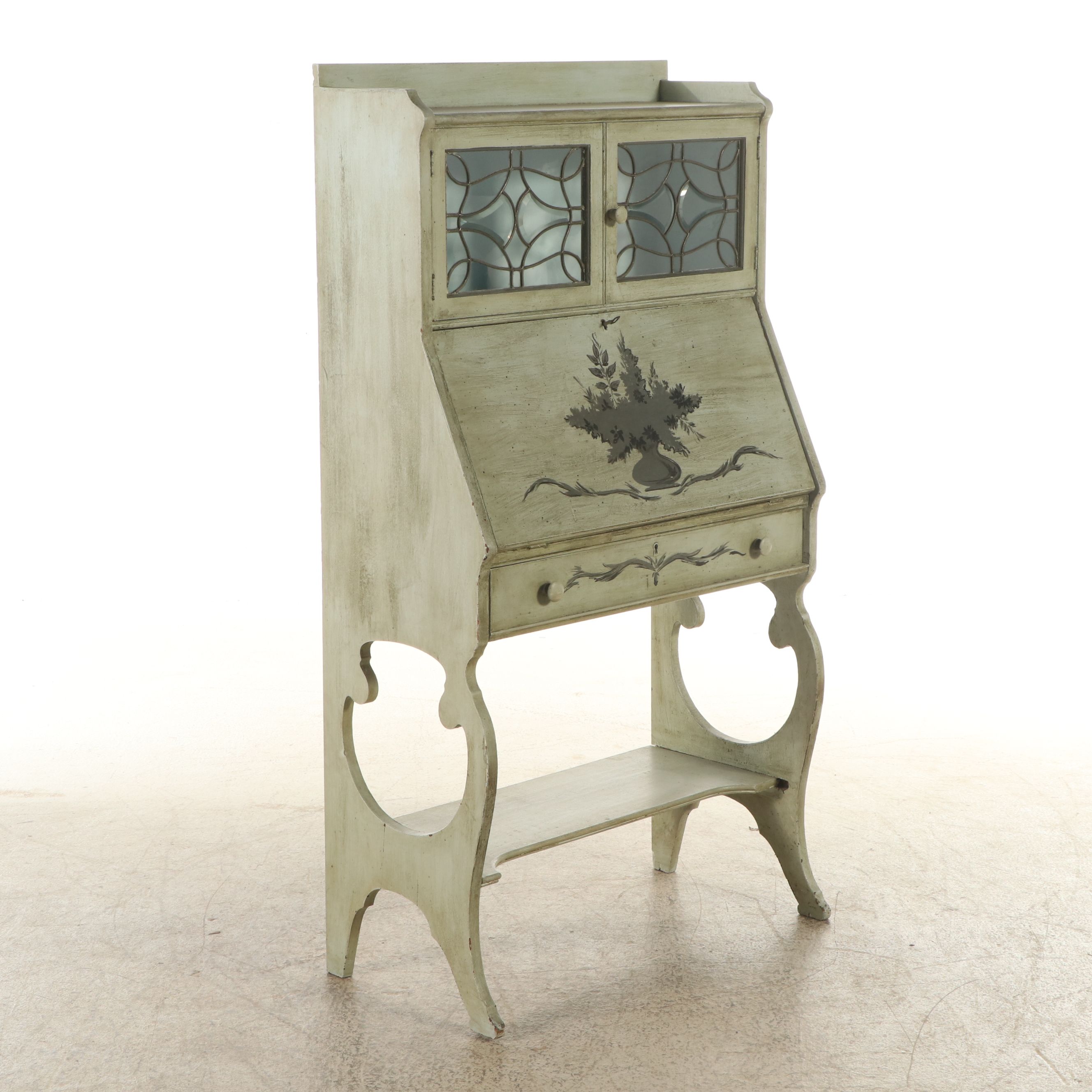 Paint-Decorated and Leaded Glass Secretary, Early 20th Century