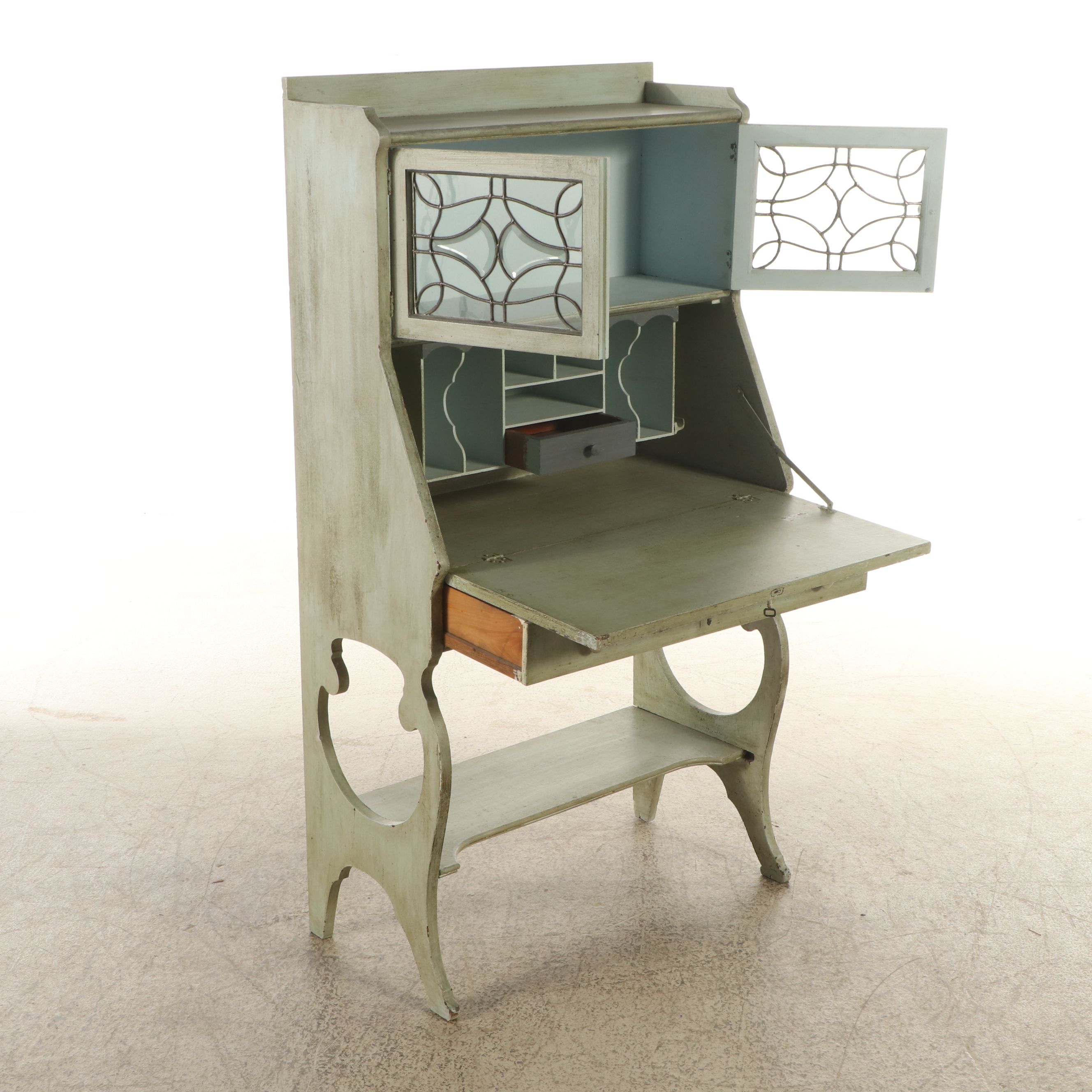 Paint-Decorated and Leaded Glass Secretary, Early 20th Century