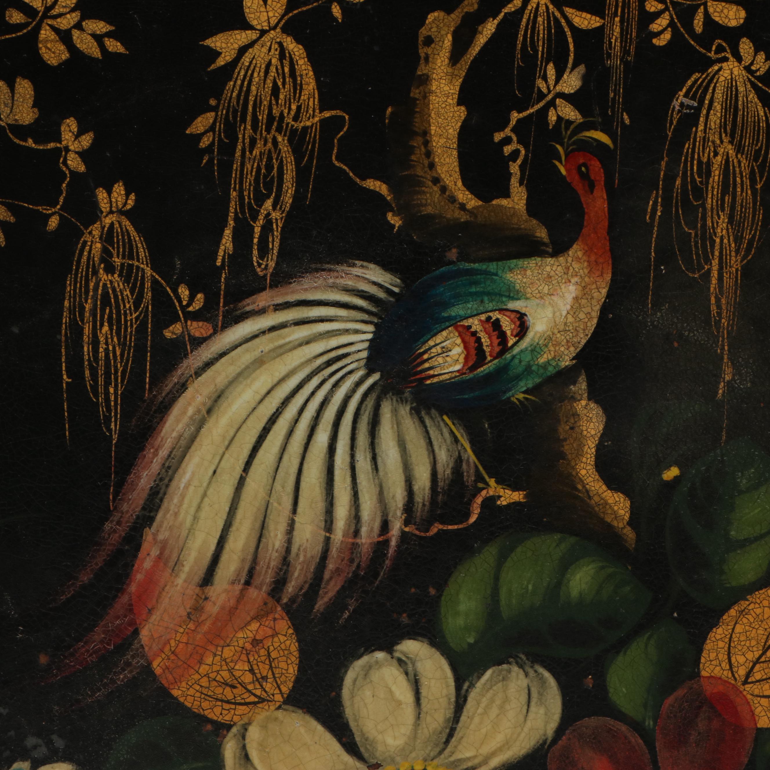 Hand-Painted Toleware Peacock Tray with Hanging Hardware