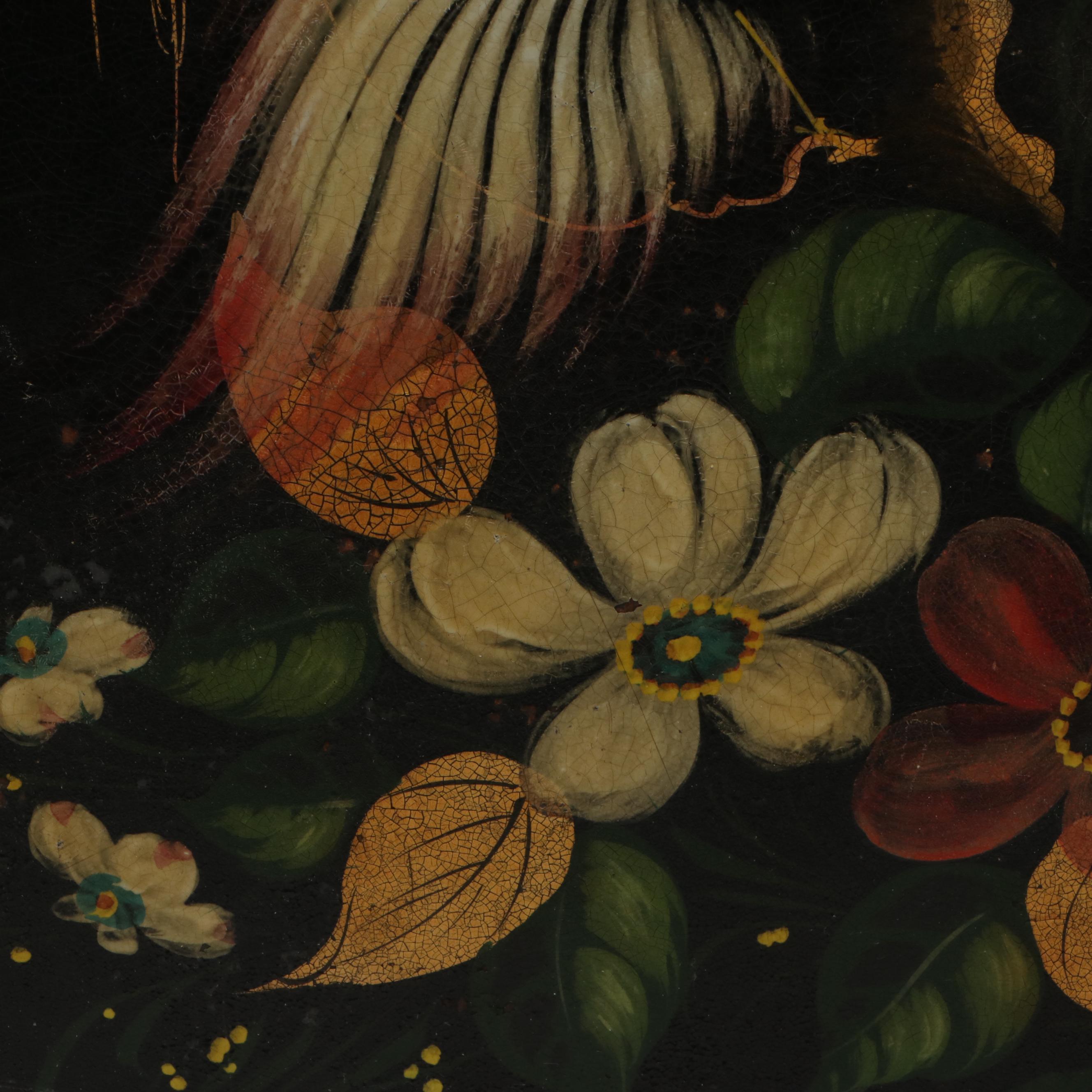 Hand-Painted Toleware Peacock Tray with Hanging Hardware