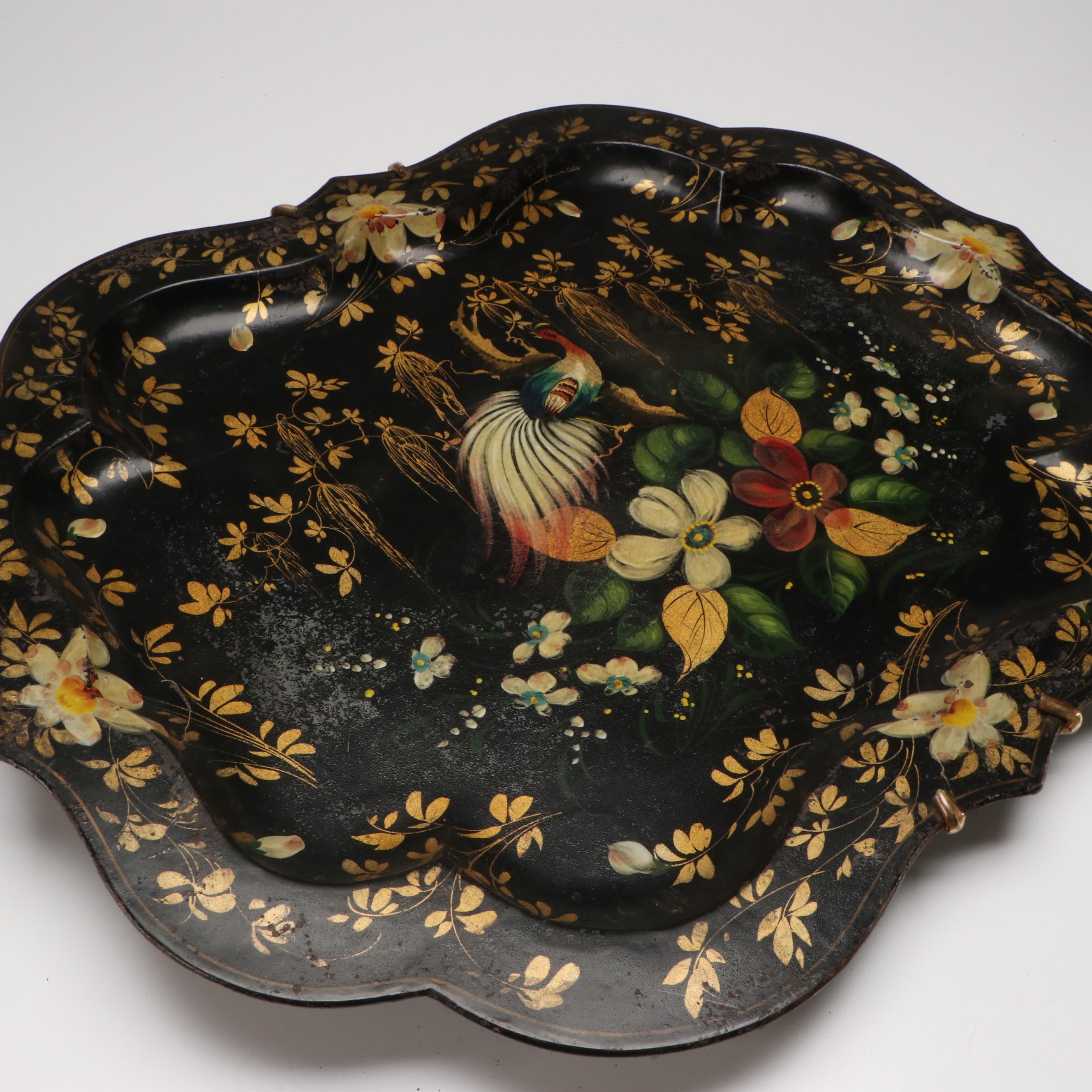 Hand-Painted Toleware Peacock Tray with Hanging Hardware
