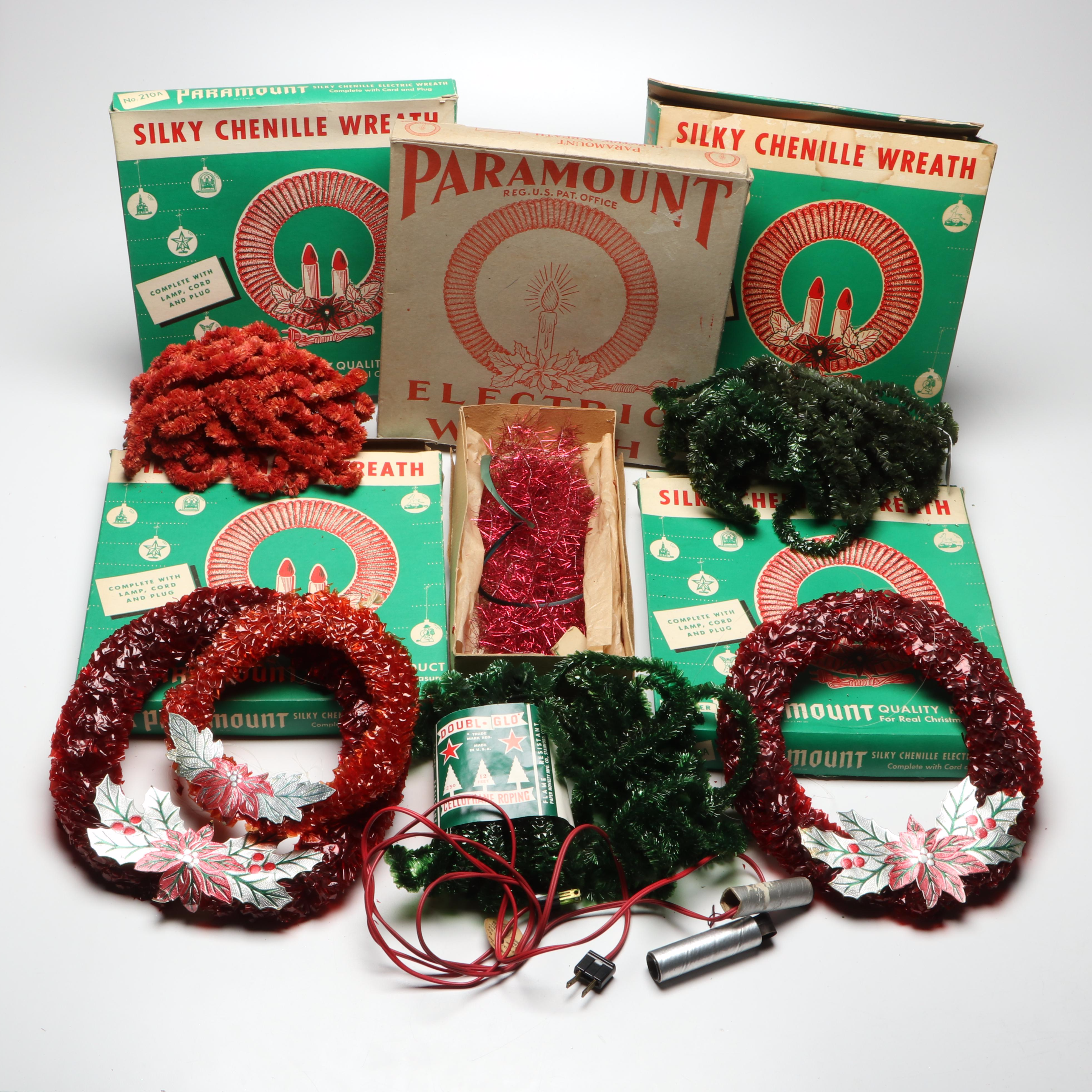 Paramount Silky Chenille Wreaths and More Christmas Decorations, Mid-20th C.
