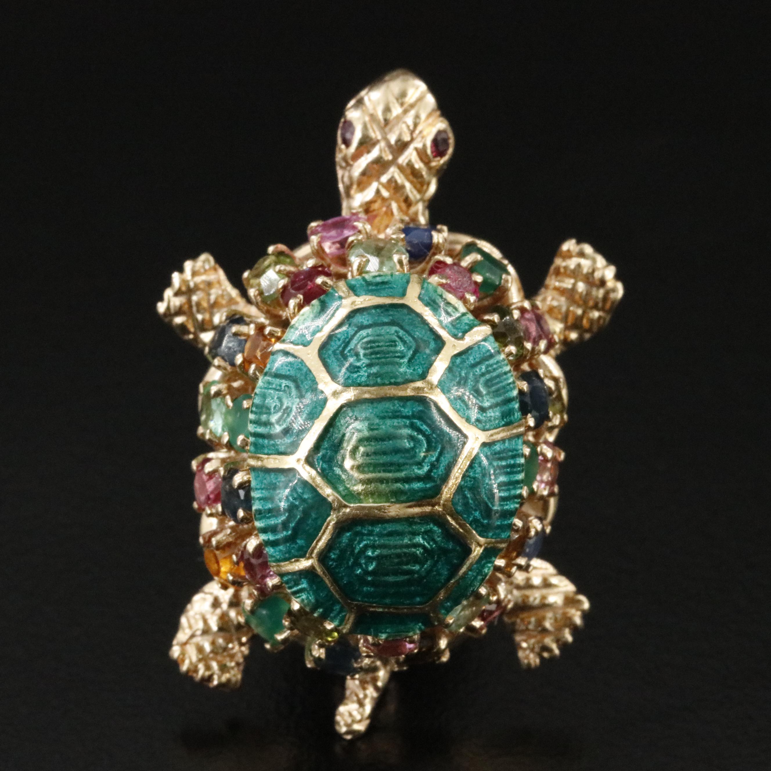 14K Enamel Tortoise Pin Featuring Sapphire, Tourmaline, and Emerald