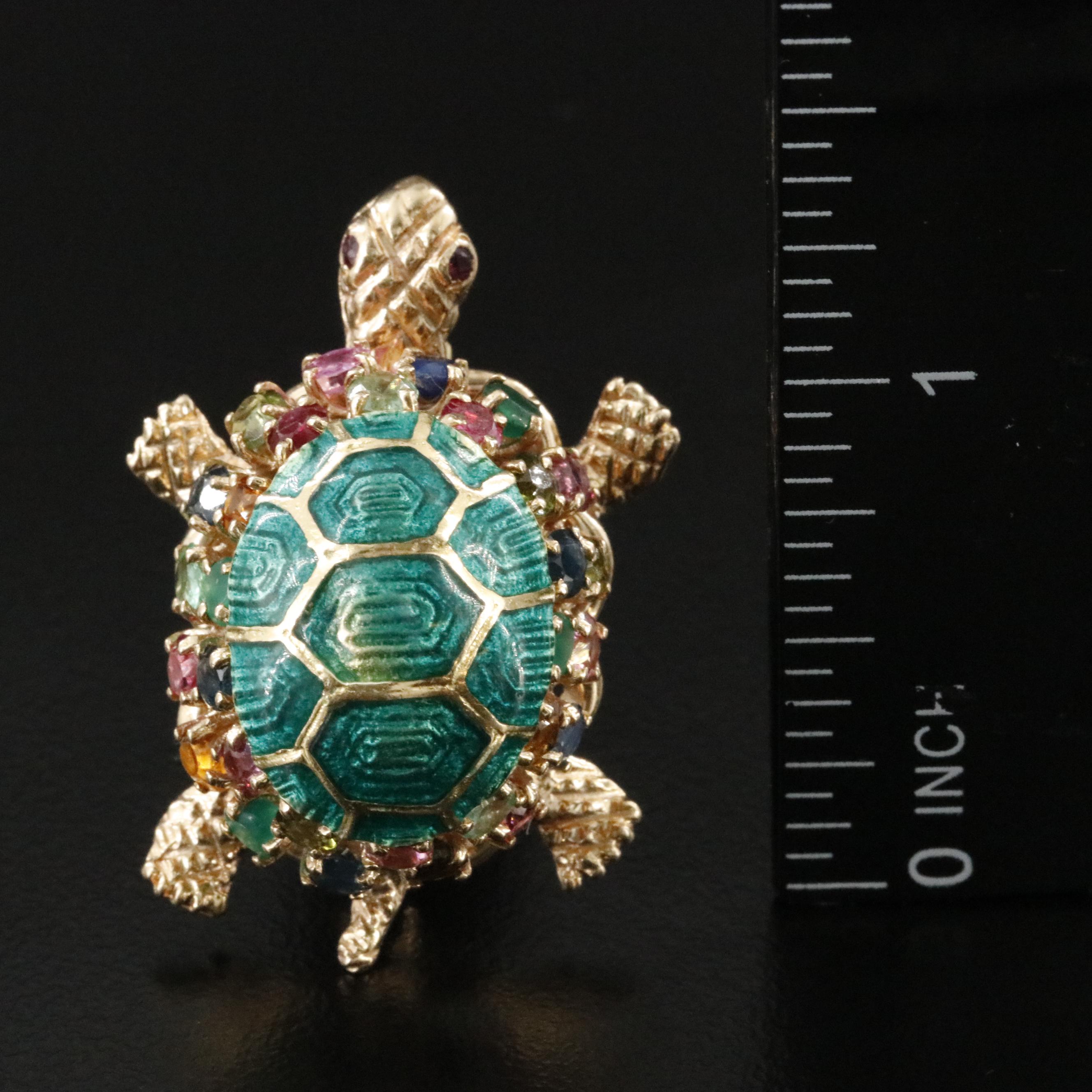 14K Enamel Tortoise Pin Featuring Sapphire, Tourmaline, and Emerald