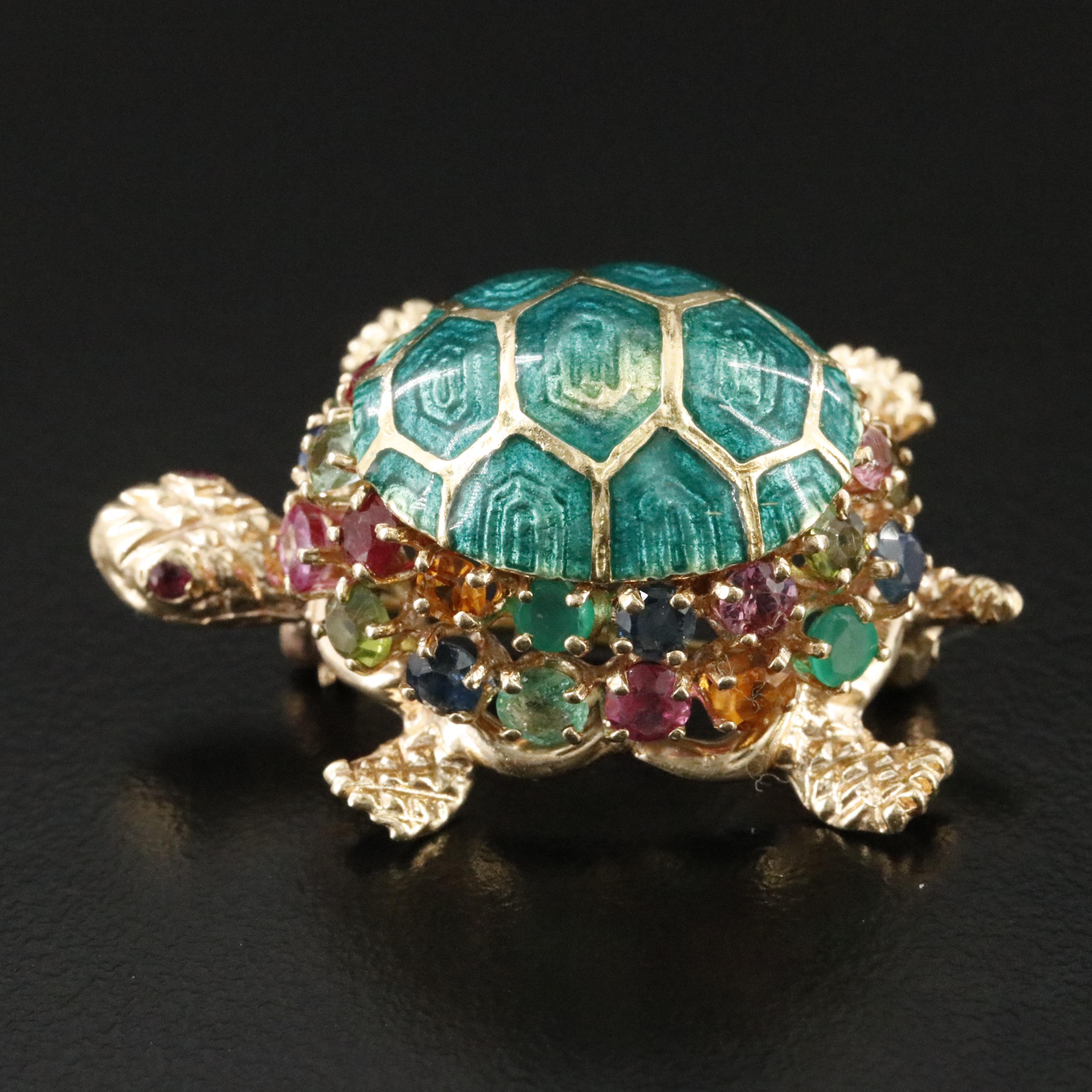 14K Enamel Tortoise Pin Featuring Sapphire, Tourmaline, and Emerald