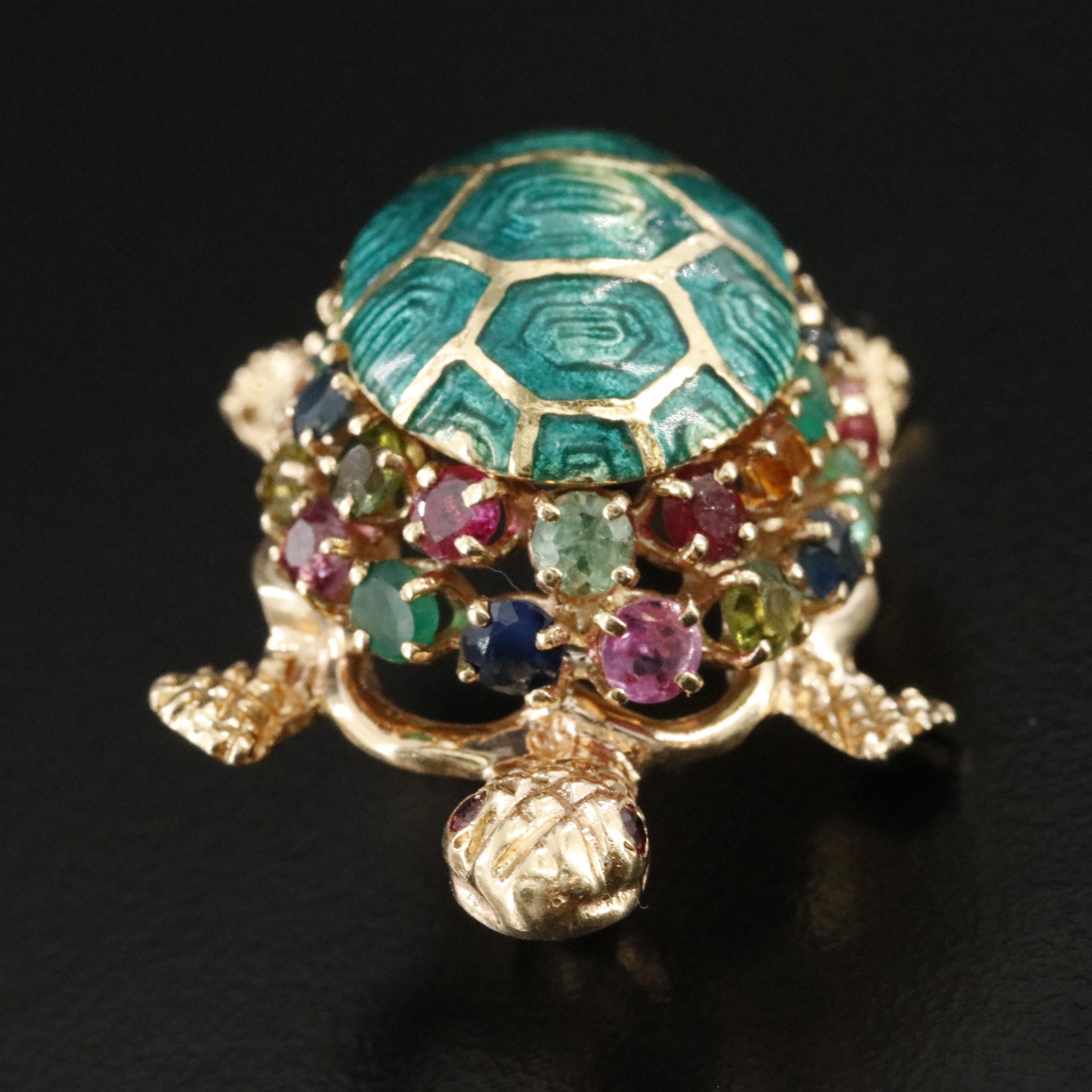 14K Enamel Tortoise Pin Featuring Sapphire, Tourmaline, and Emerald