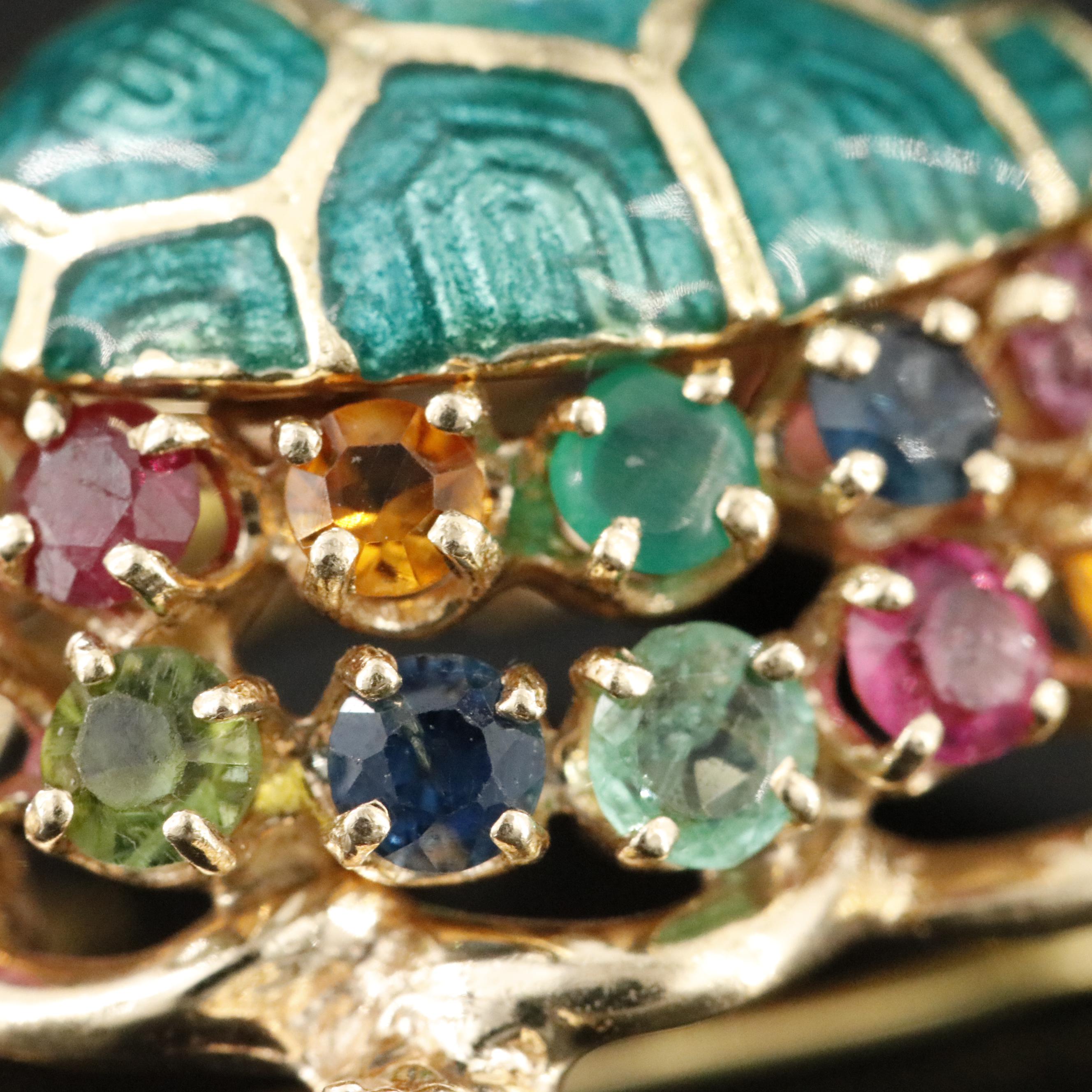 14K Enamel Tortoise Pin Featuring Sapphire, Tourmaline, and Emerald