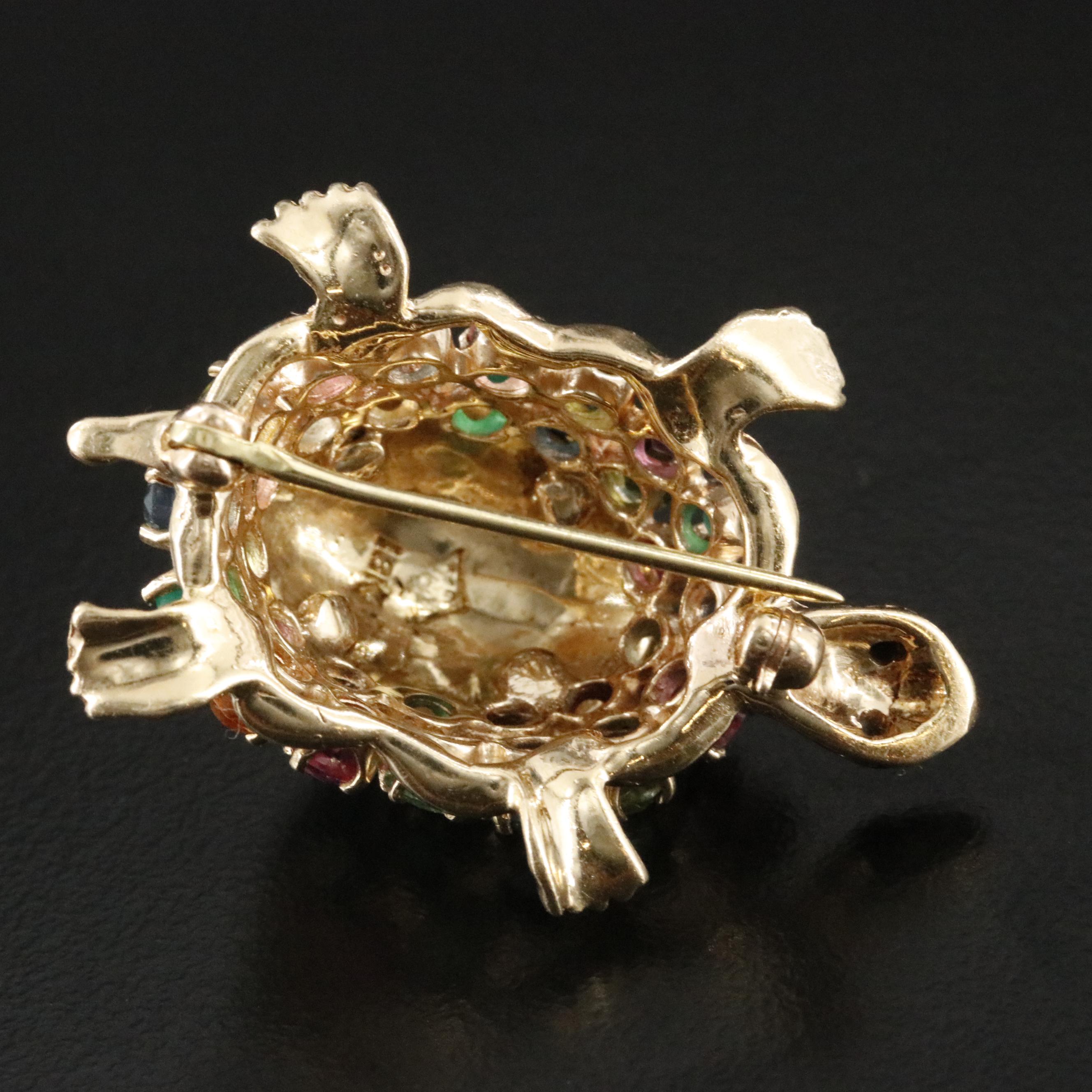 14K Enamel Tortoise Pin Featuring Sapphire, Tourmaline, and Emerald