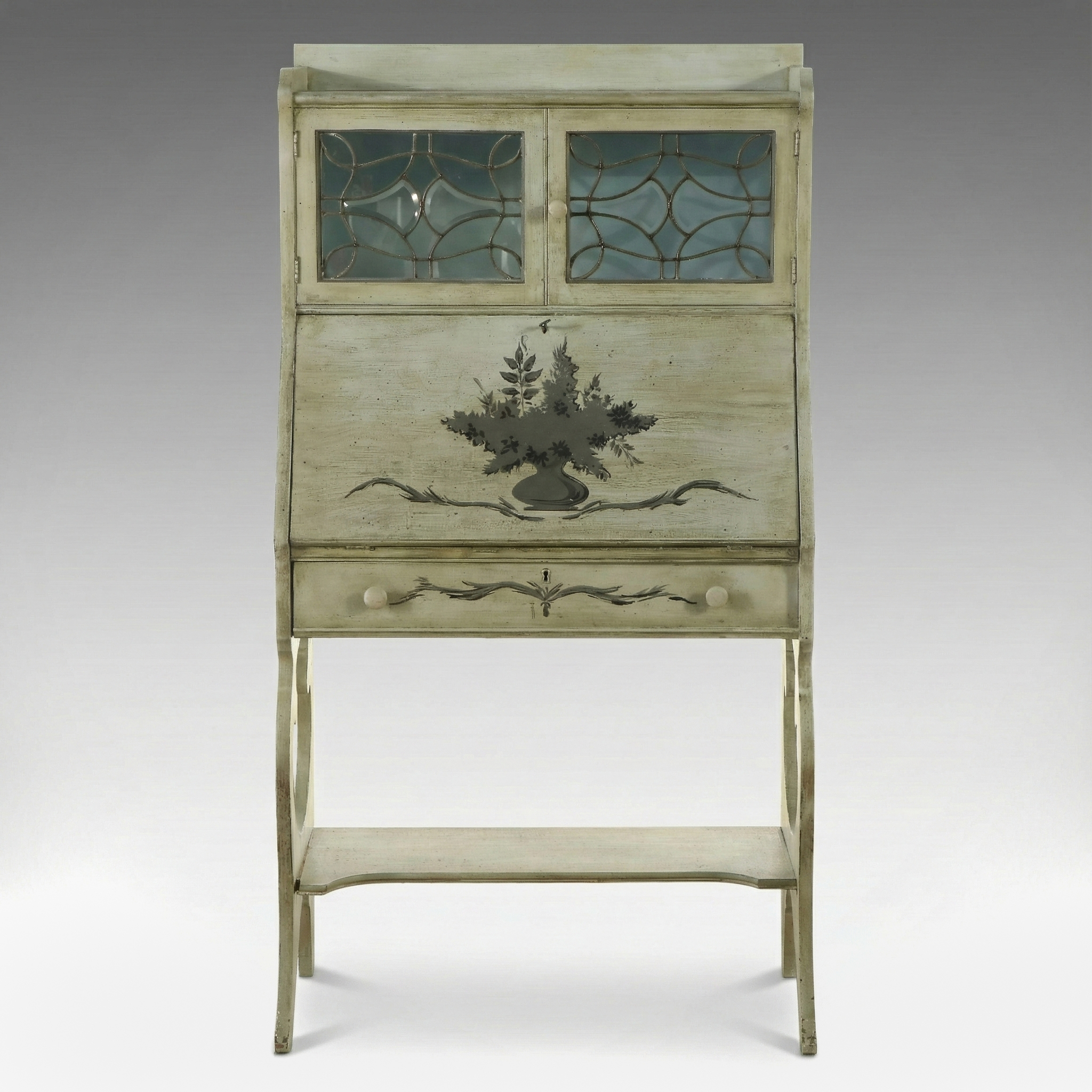 Paint-Decorated and Leaded Glass Secretary, Early 20th Century
