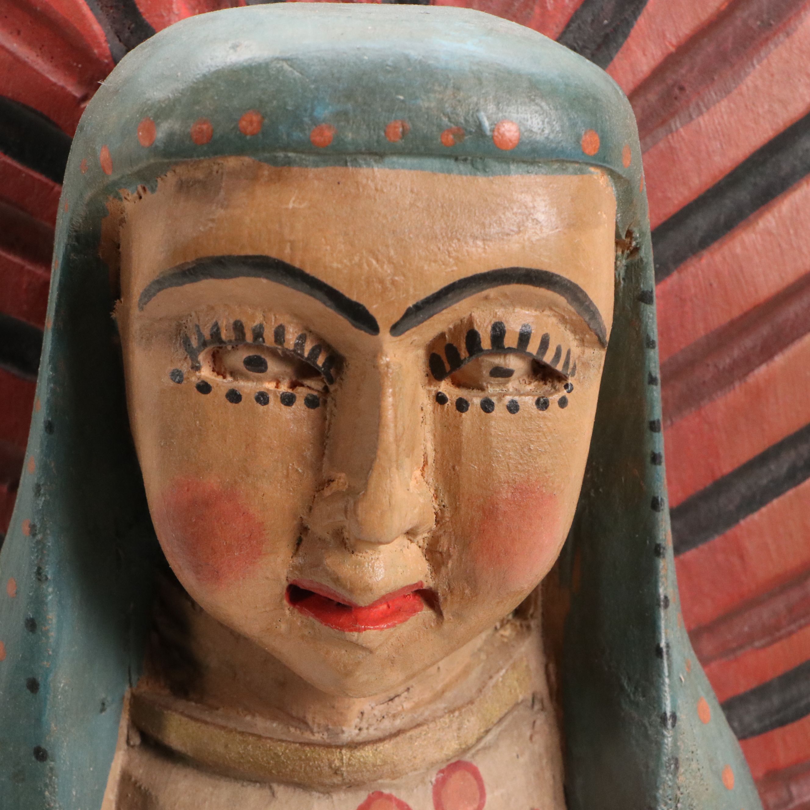 Mexican Folk Art Polychrome Carved Wood "Our Lady of Guadalupe"