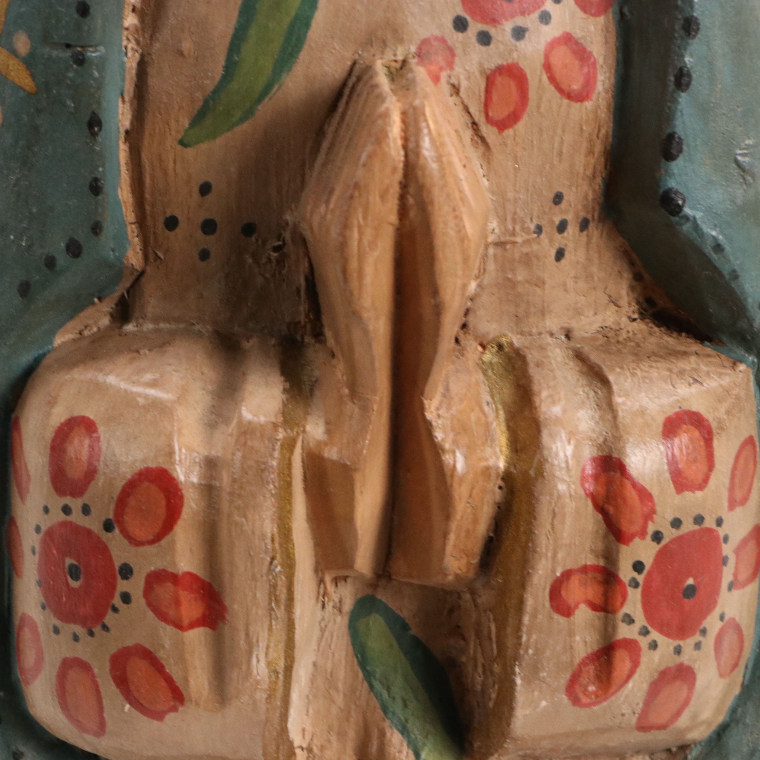 Mexican Folk Art Polychrome Carved Wood "Our Lady of Guadalupe"
