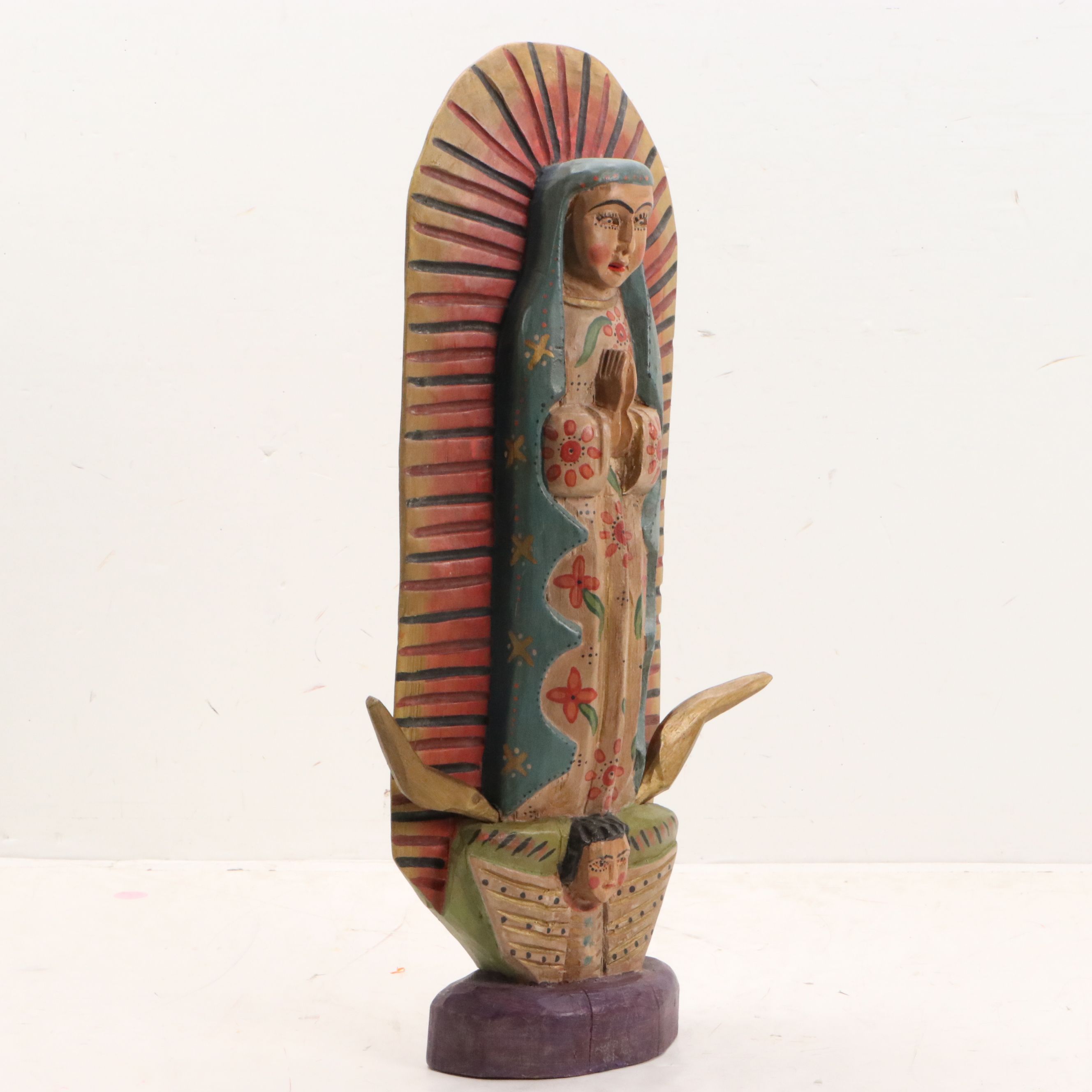 Mexican Folk Art Polychrome Carved Wood "Our Lady of Guadalupe"